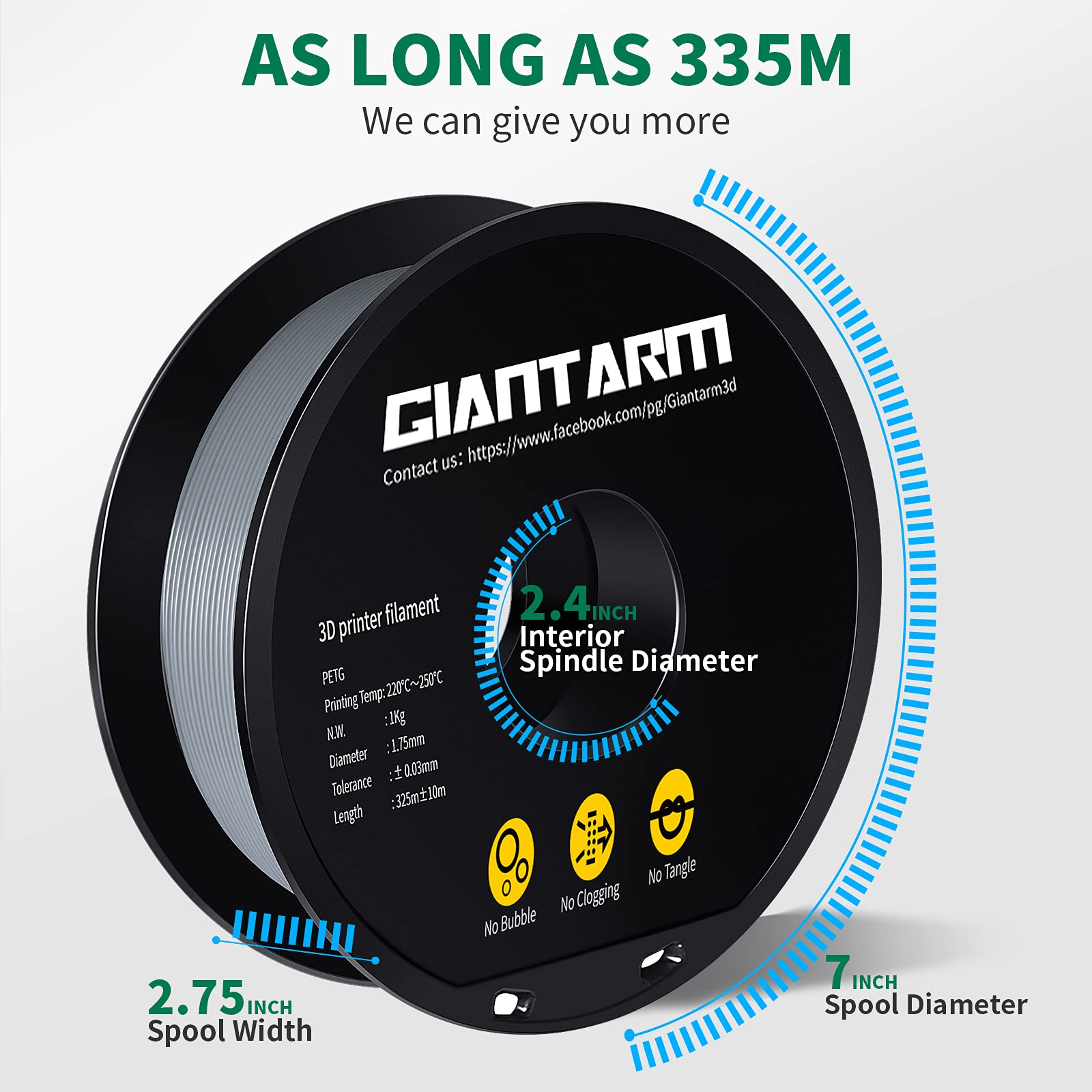 PETG Filament per Stampante 3D, GIANTARM PETG Filament 1,75mm, Dimensional Accuracy +/- 0,2mm 1kg, Grigio