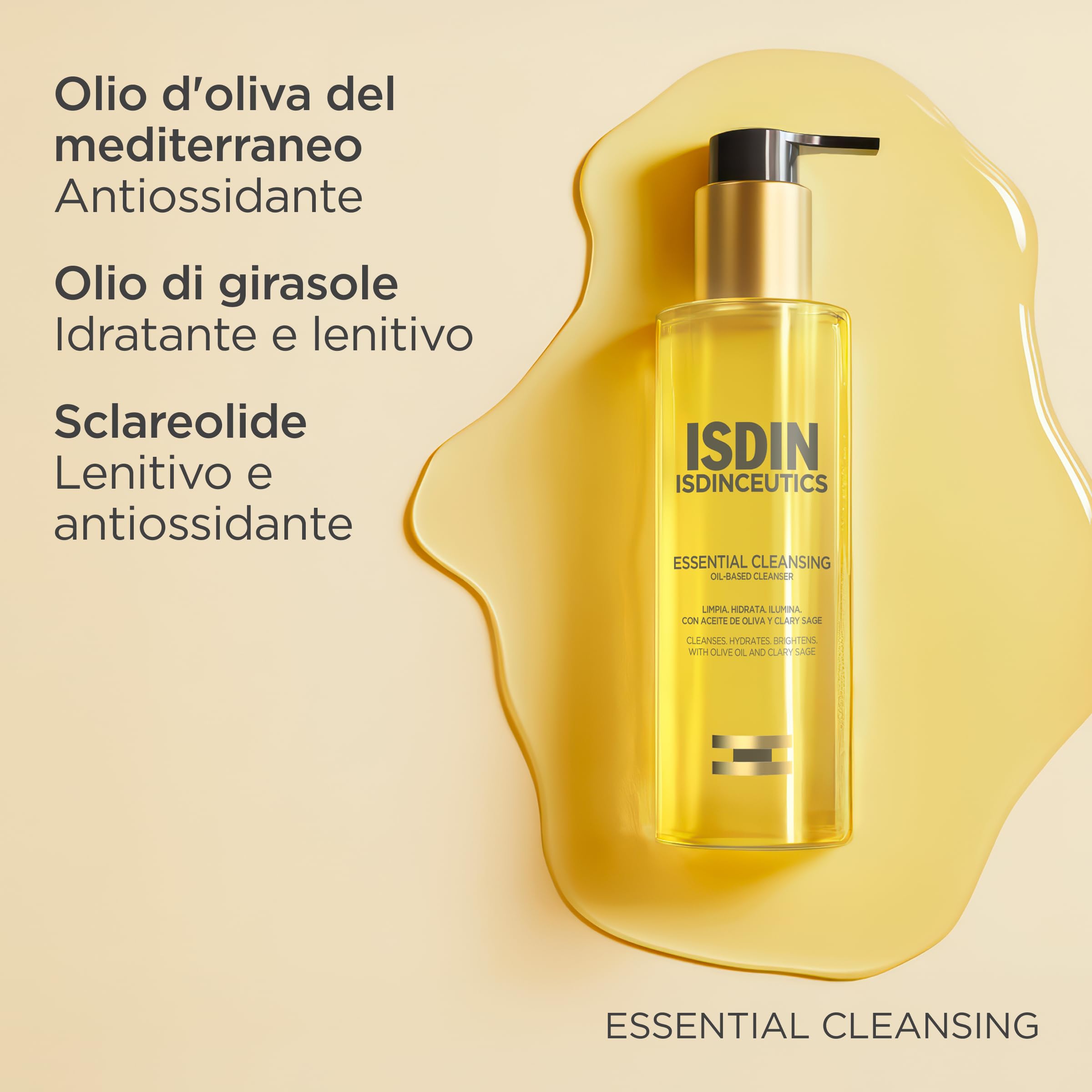 ISDIN Isdinceutics Essential Cleansing 200 ml | Olio Detergente Viso Delicato e Leggero, Texture Olio-in-Latte | Rimuove Trucco e Crema Solare | 85% di Ingredienti di Origine Naturale