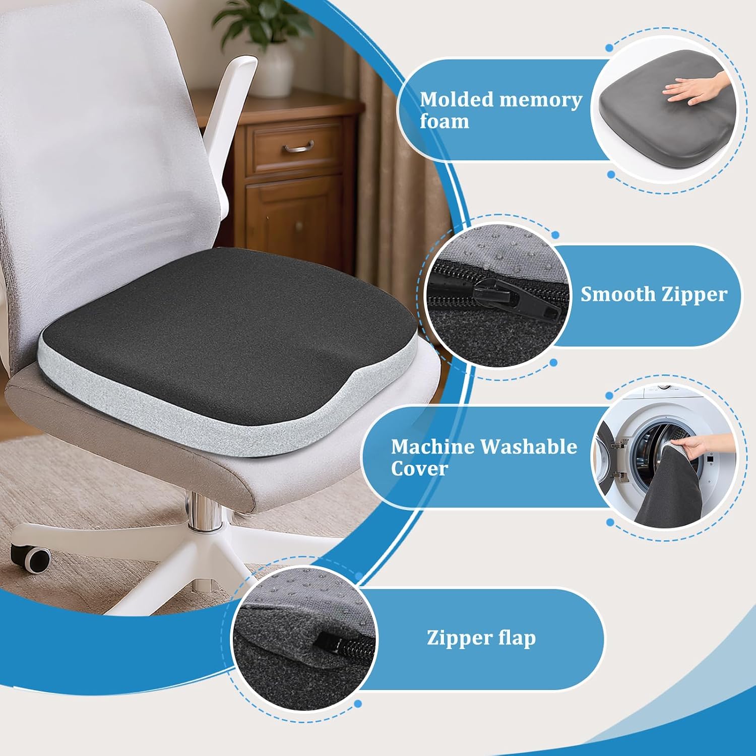 GOFORIT Molded Memory Foam Seat Cushion, Patent Dual-Layer Foam Design Office Chair Pad, Ergonomic Coccyx Cushion for Sciatica Pain Relief, Black