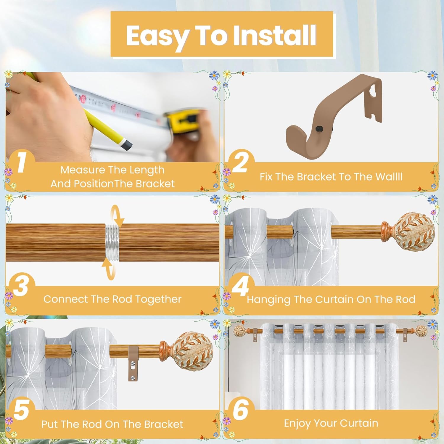 Imitation Wood Grain Curtain Rod for Windows 66 to 120 Inches: 1 Inch Heavy-Duty Adjustable Decorative Curtain Rod With Rustic Leaf Finials for Bedroom & Living Room