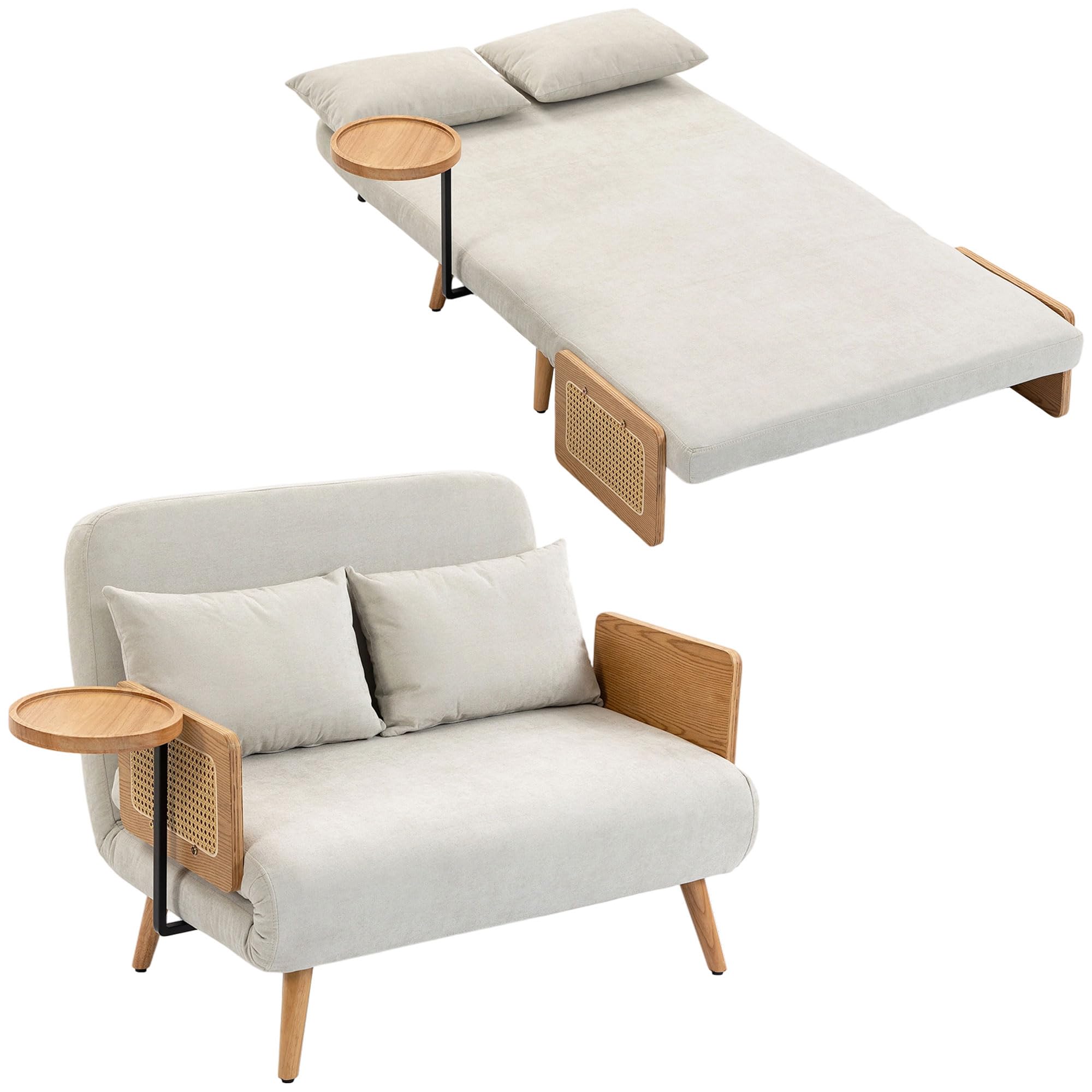 HOMCOM Sofá Cama 2 Plazas Convertible 3 en 1 131x78x82 cm Blanco Crema | Sofá Cama Plegable, Tapizado Chenilla, Respaldo Ajustable, Mesa Lateral de Madera, 2 Almohadas con Funda Lavable