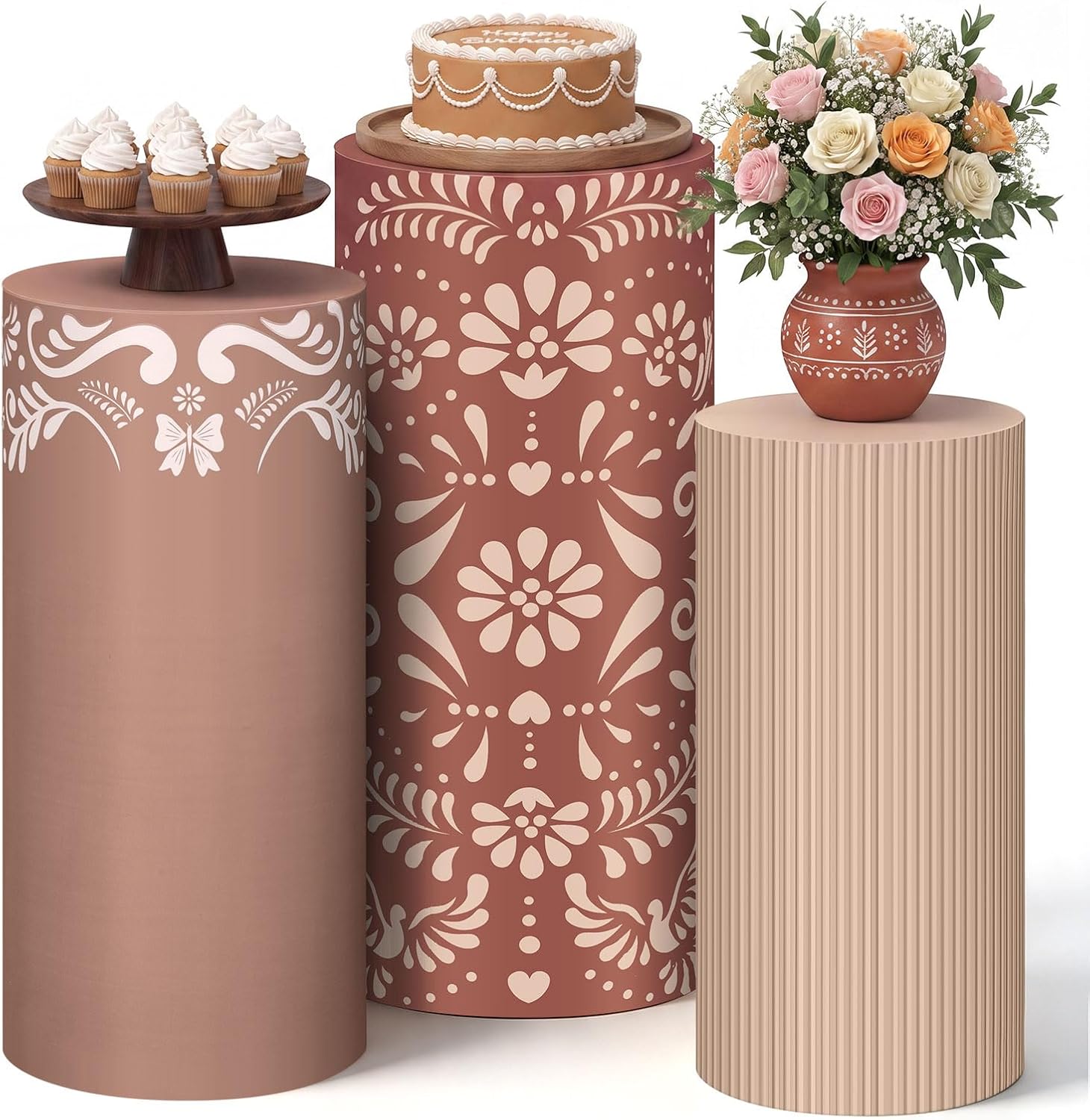 3 Pack Beige Cielito Lindo Cylinder Stand Covers for Party Elastic Milk Silk Cylinder Pedestal Covers Wedding Birthday Event Decor Props 3 Sizes