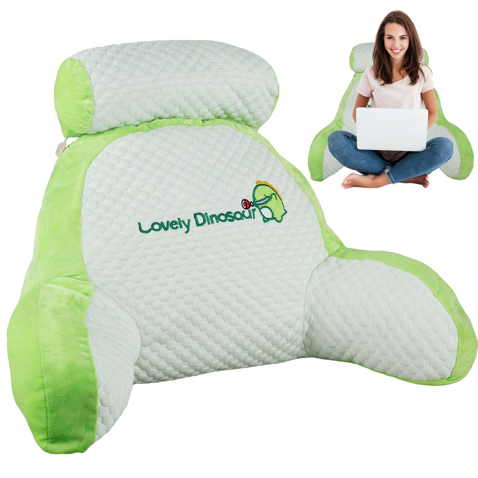 Rhaiqbvc Dinasour Reading Pillow For Bed Comfortable Reading Cushion For Bed Back Support With Arm Multifunctional Detachable Backrest Pillow Washable Support Rest Pillow For Reading Relaxing Watching Tv(70Cm,)
