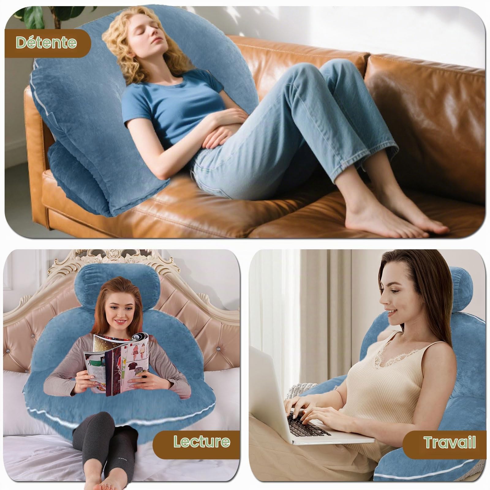 Coussin de Lecture pour Lit, Oreiller de Grossesse, Support Lombaire, Grand Coussin Dorsal Dossier Canapé, Oreiller de Lecture Lit Adulte avec o-reiller Amovible pour Lire ou Se Détendre