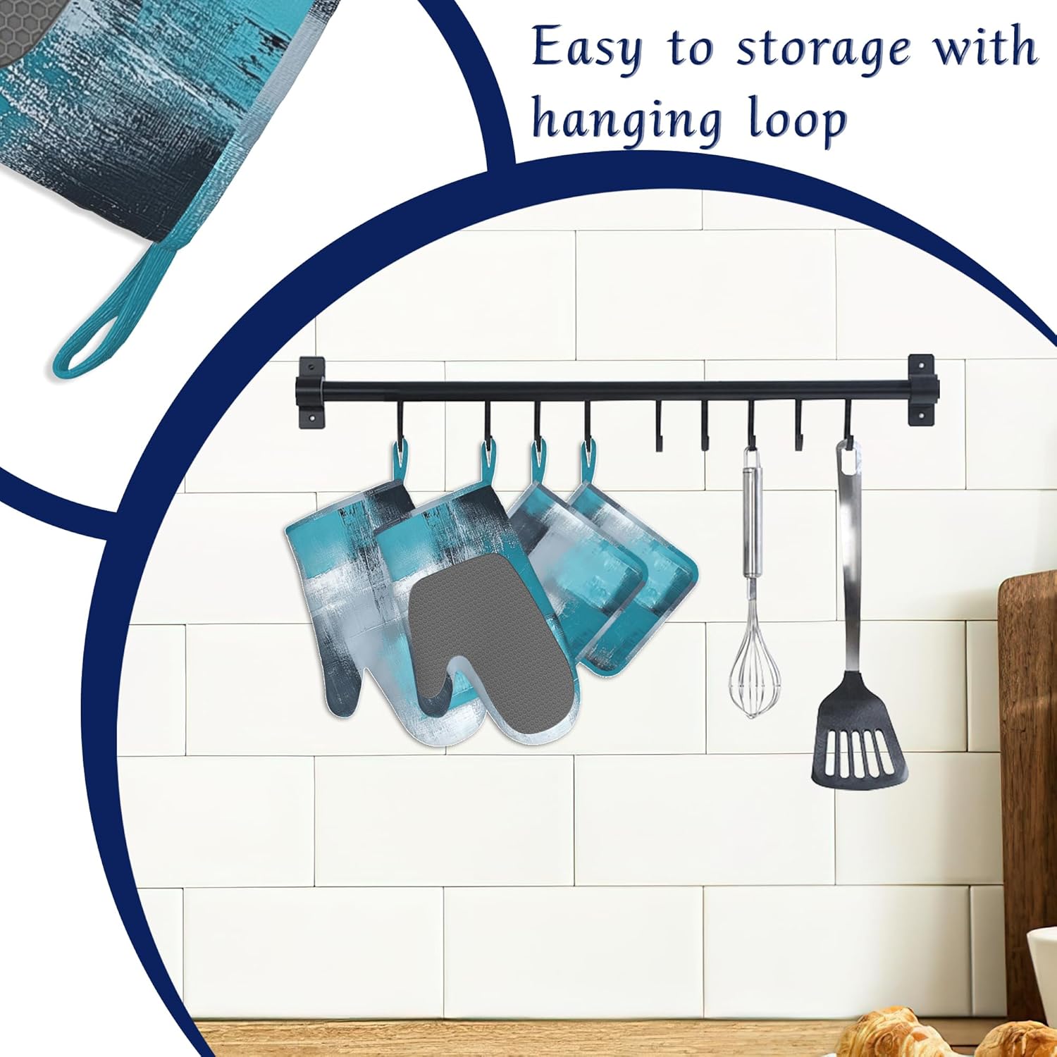 Turquoise Grey Oven Mitts and Pot Holders Modern Teal Abstract Art Silicone Kitchen Accessories Set of 4 Heat Resistant Non-Slip Long Gloves Potholder for Chef Cooking Baking Gifts Women Men