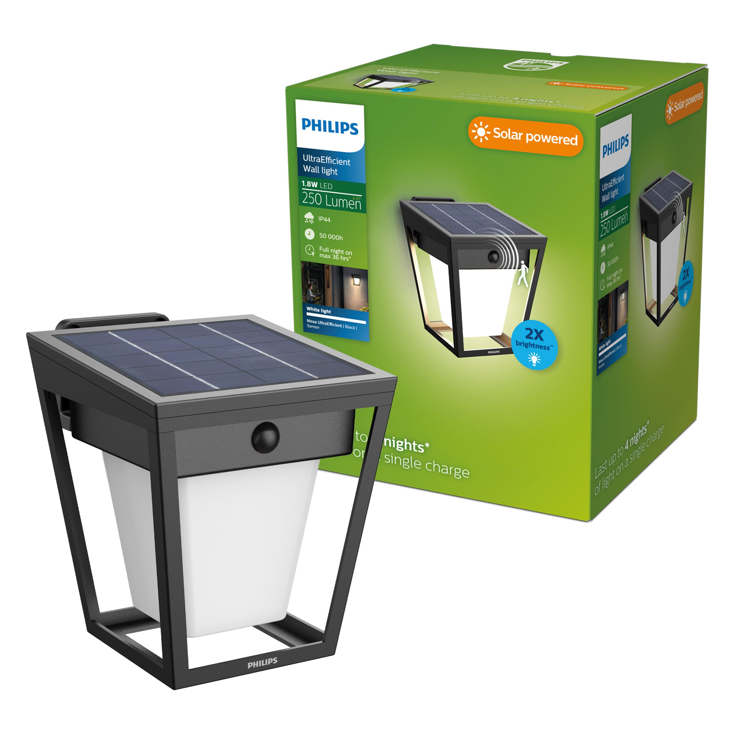 PHILIPS Nissa UltraEfficient Outdoor Solar Wall Light with Sensor, 3000K, 250/25lm, Black​