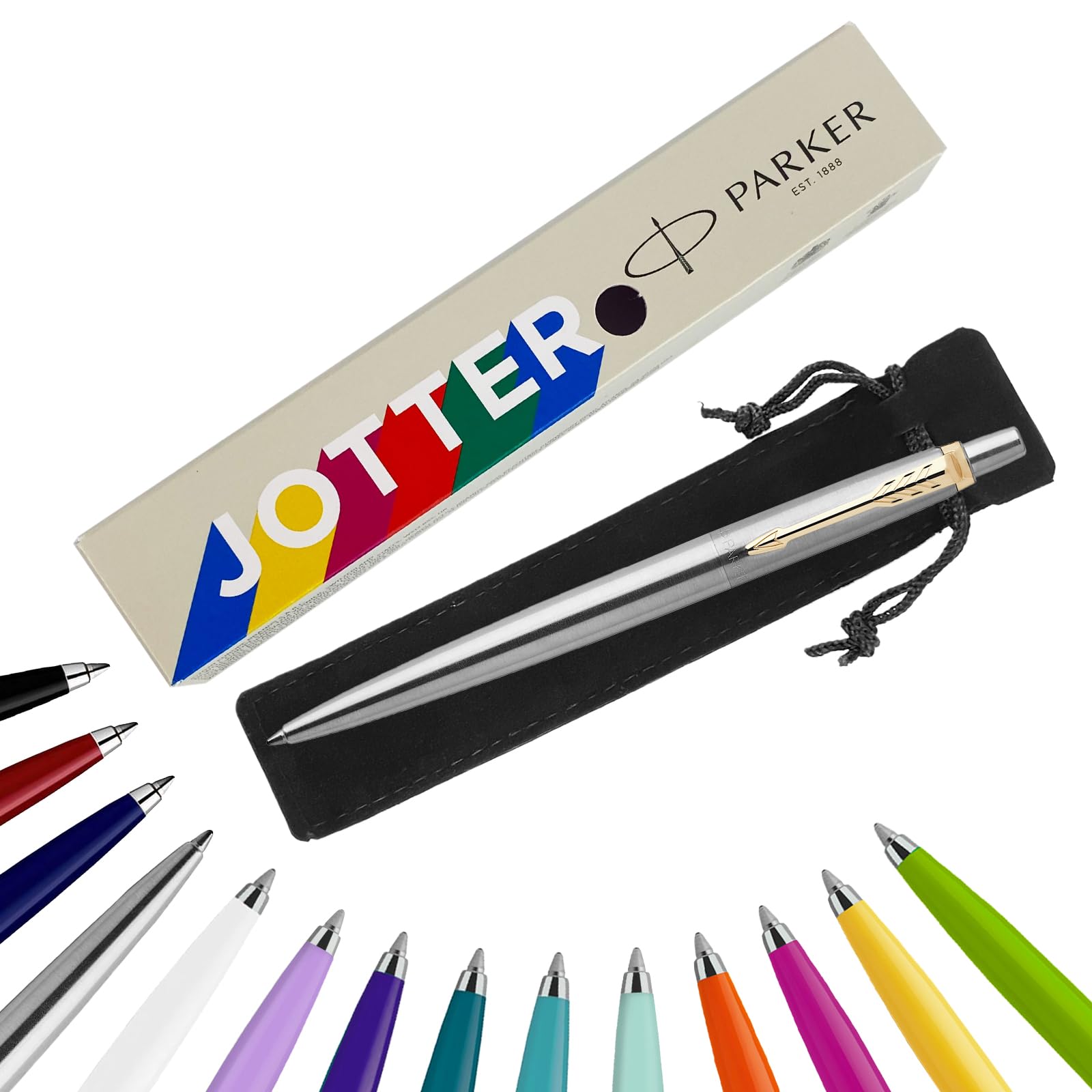 Parker Jotter Ballpoint Pen Handwriting Pens & Stationery Supplies - Ideal for Birthdays Gifts Can be Engraved! (Without Engraving, Stainless Steel w' Gold Trim, Carded Gift Box (Eco-Friendly))