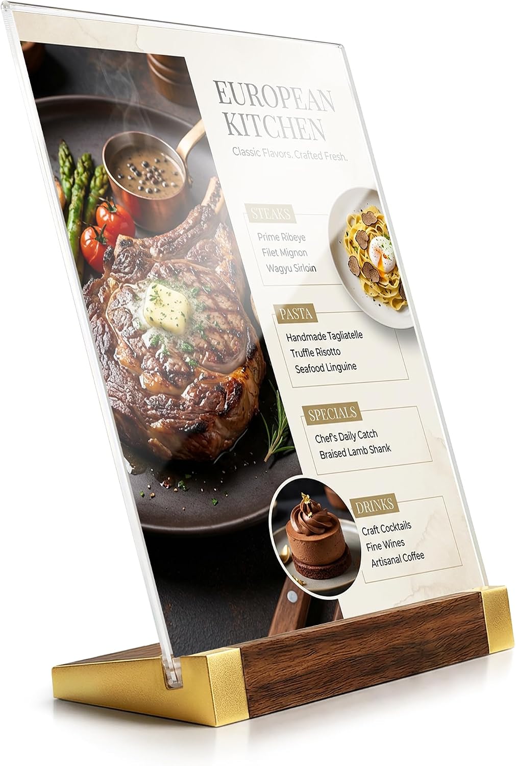 Acrylic Sign Holder 8.5 x 11 Inch with Walnut Wood Base, 1 Pack Clear Table Sign Holders for Tabletop Menu & Flyer Stand, Commercial Table Frames for Restaurant, Office, Coffee, Bar, Wedding, Hotel