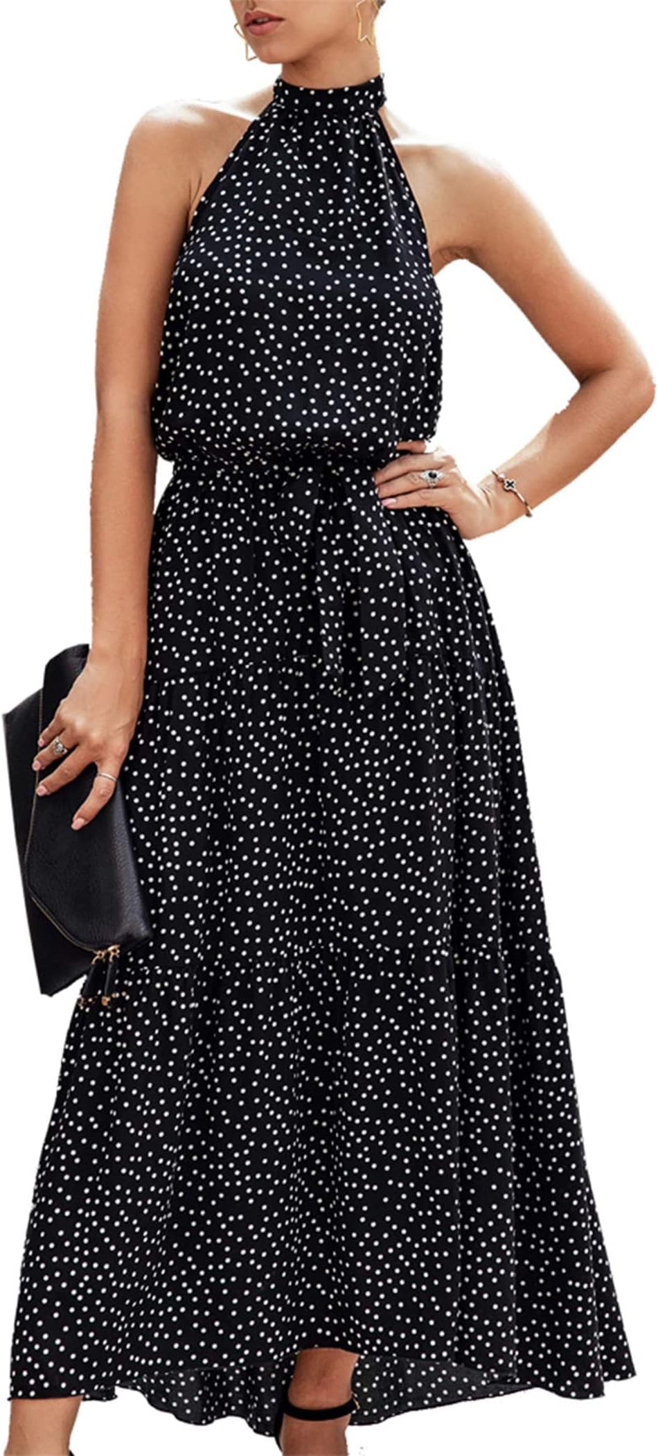 PRETTYGARDENPretty Garden Womens Halter Neck Floral Backless Loose Ruffle Maxi Dress
