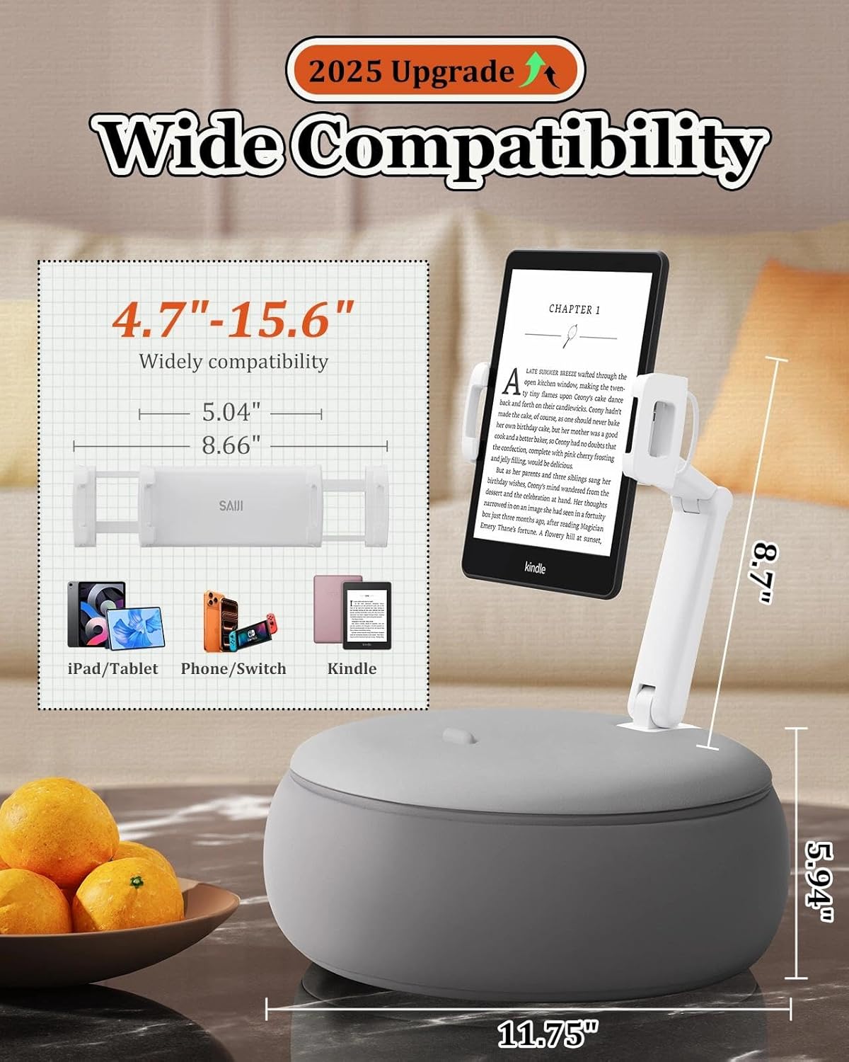 SAIJI Tablet Holder Pillow, Kindle Holder Compatible with 4.7-15.6” Kindle, Phone, Portable Monitor, 360° Adjustable Tablet Stand for Bed with Flexible Dual Axis Arm&Microbead Cushion (Grey) - Image 7