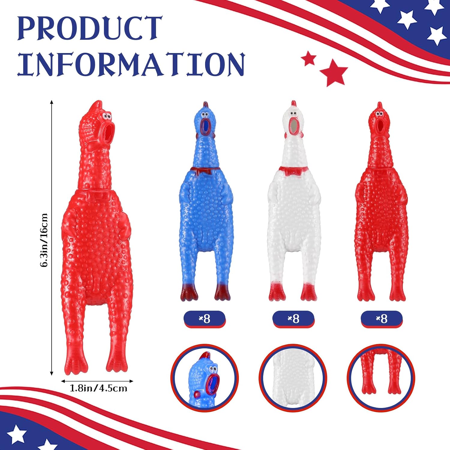 Soulchen 24 Pack Red Blue White Patriotic Rubber Chicken 4th of July Parade Throws Bulk for Party 6.3 Inch 250th Screaming Chicken for Independence Memorial Day Party Favor Novelty Prank Gag Gift