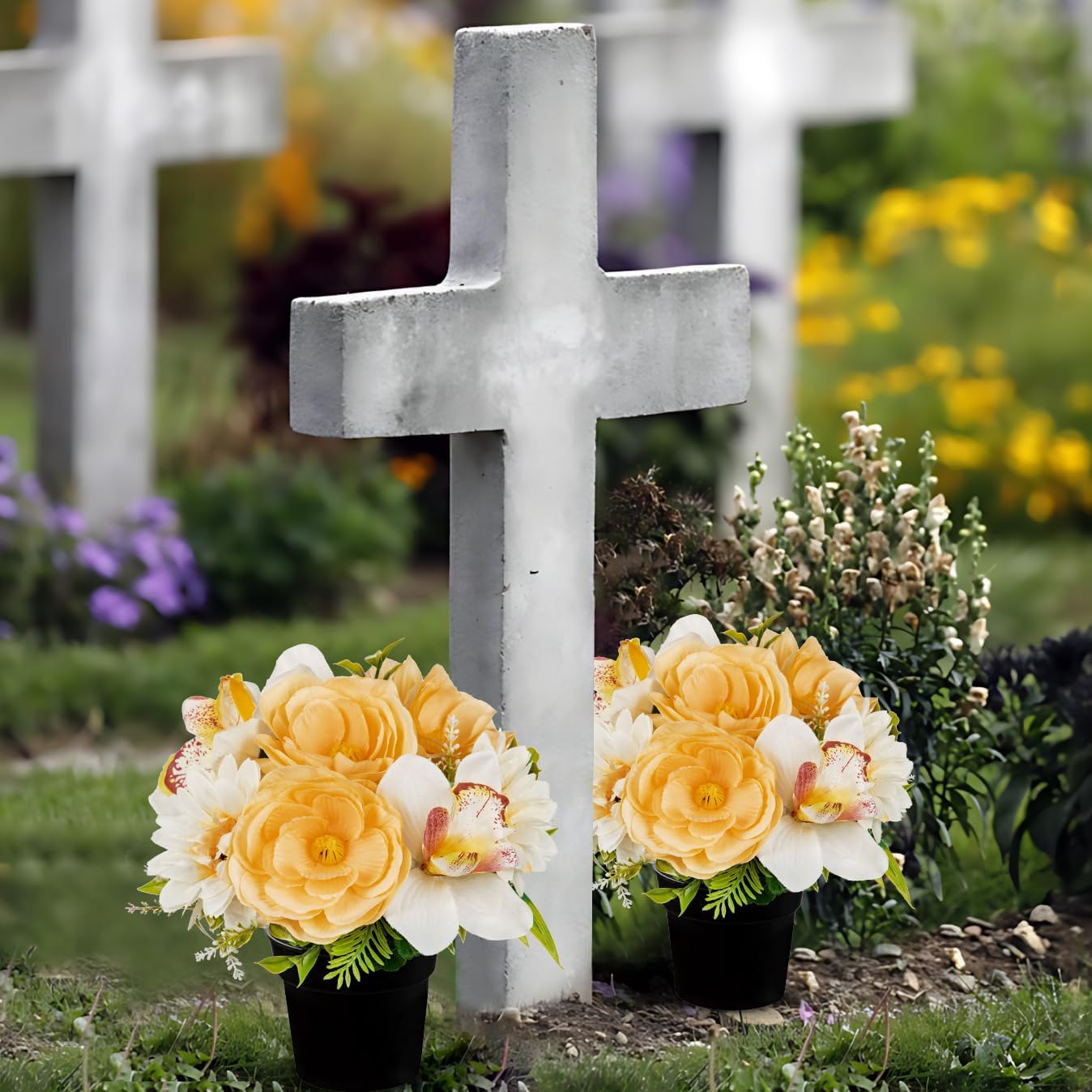 Hollyone 2Pcs Artificial Cemetery Flowers for Grave in Vase Silk Rose Lily Flower Arrangements Cemetery Decorations Memorial Flowers with Pot for Outdoor Headstones Decoration Yellow