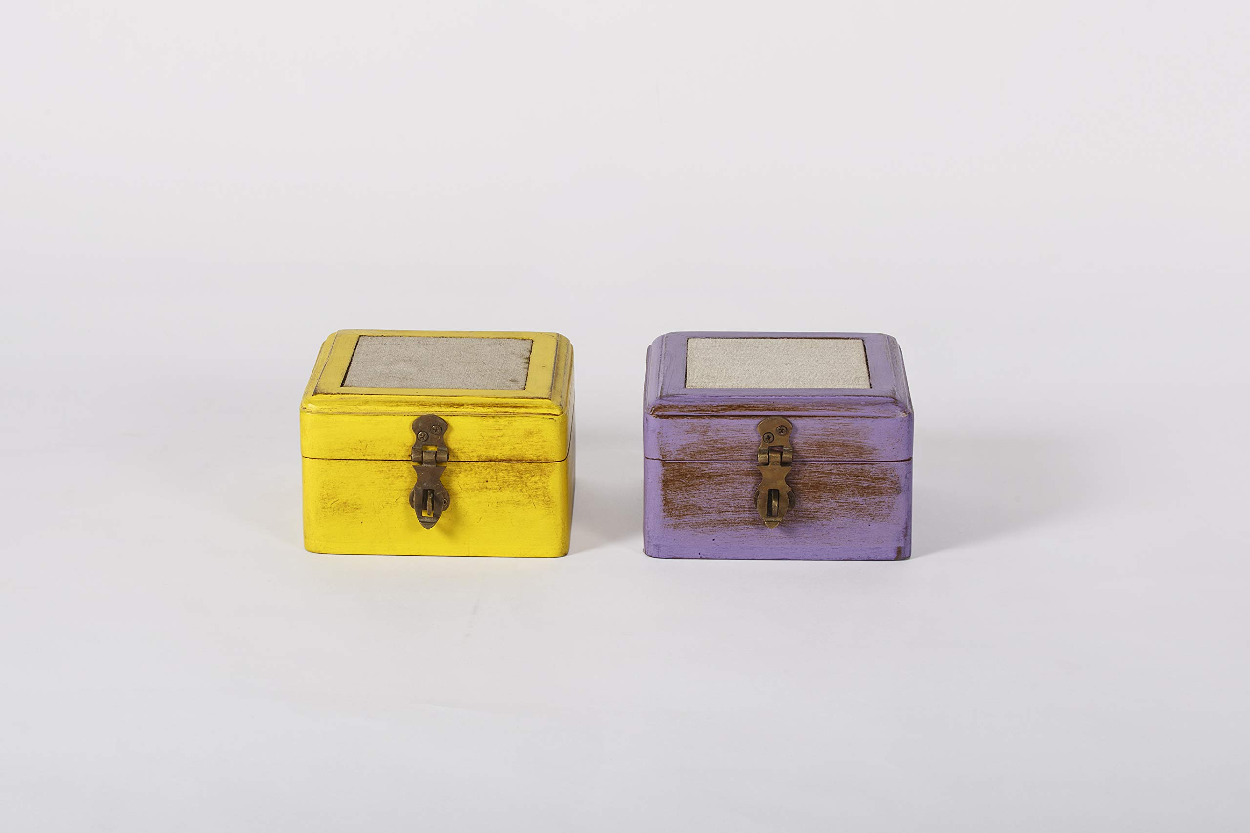 CONTRAST LIVING Menva Wooden Decorative Hand Painted Storage Jewellery Antique Box (Yellow_Purple, Size- 22x22x13 cm)