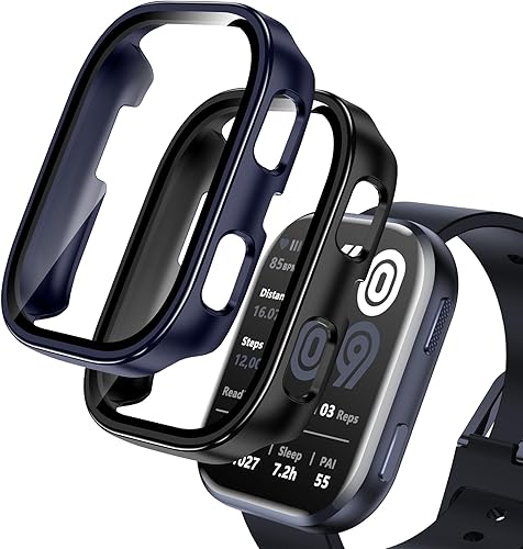 Miniatura 11 de EWUONU Paquete de 2 fundas compatibles con Amazfit Bip 6, protector de pantalla de vidrio templado con cubierta de policarbonato duro, a prueba