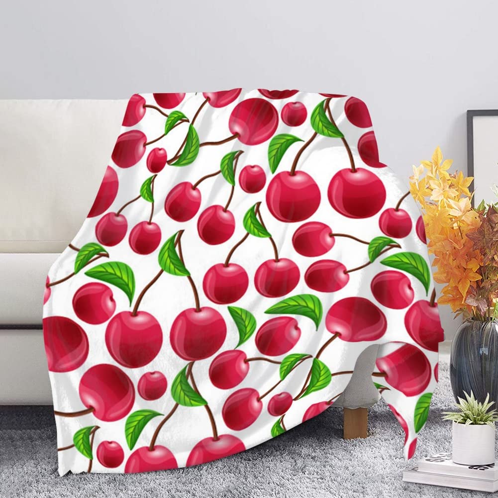 Amzbeauty Cherry Print Adults Women Men Throw Rug Travel Blanket for Bed Sofa Backpacking Camping Hiking Throws Bedspread Warm Slipcover