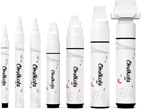 7 White Chalk Markers for Chalkboard 1mm, 3mm, 6mm, 8mm, 10mm, 15mm, 30mm