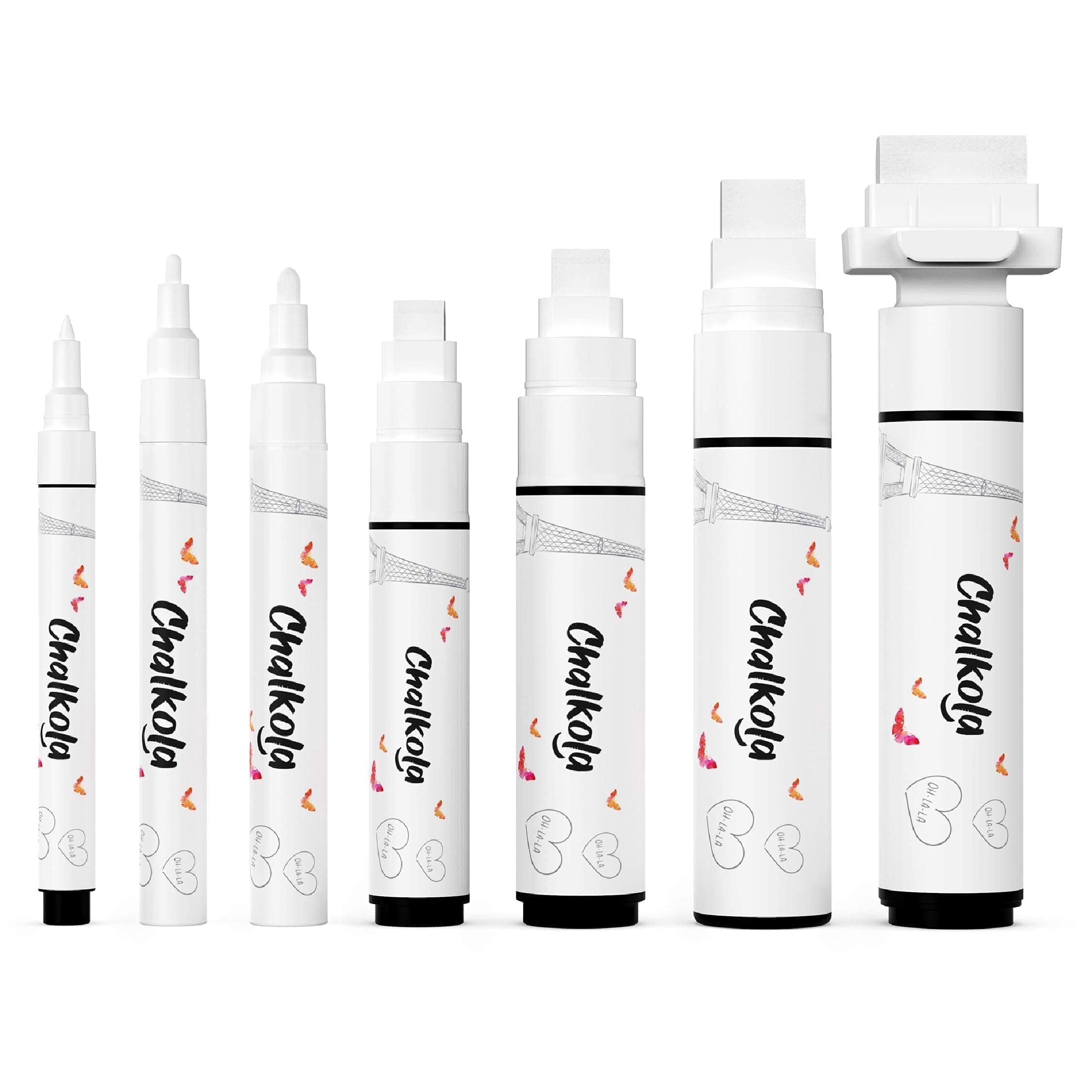 7 x White Chalk Markers for Chalkboards, Blackboards, Car Windows, Bistro, Glass, 7 Pack - Thin Fine Tip Large and Large Erasable Liquid Chalk Pens (1mm, 3mm, 6mm, 8mm, 10mm, 15mm, 30mm
