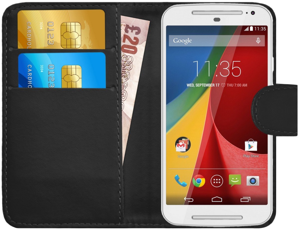 G-Shield Case for Motorola Moto G2 (2nd Gen), Leather Wallet Cover with Card Slots, Black