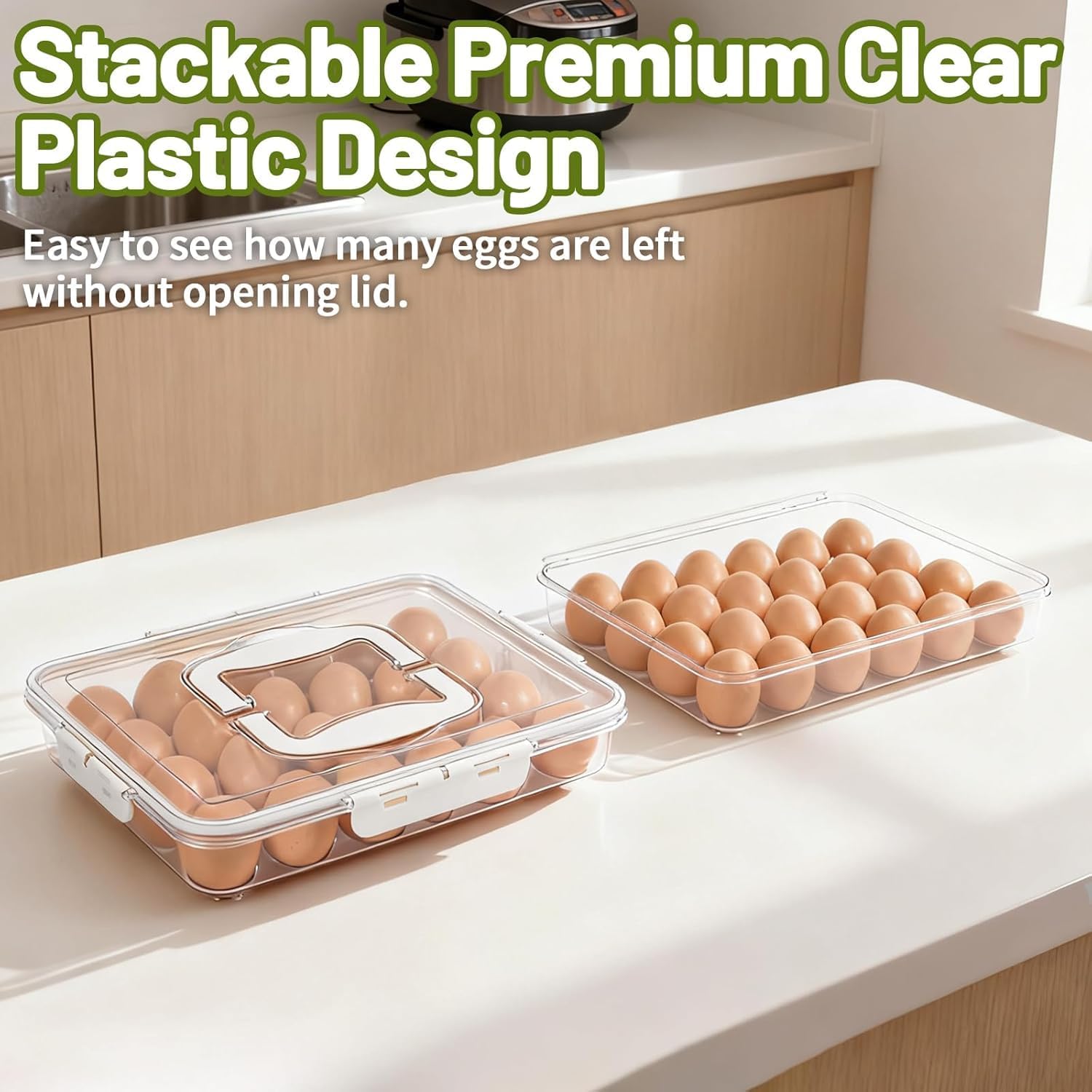 Deviled Egg Containers with Lid, 2 Pack Thick Clear Plastic Deviled Carrier with Handle Storage 48 Eggs, Stackable Egg Holder Portable Tray Platter for Fridge, Travel, Party-White