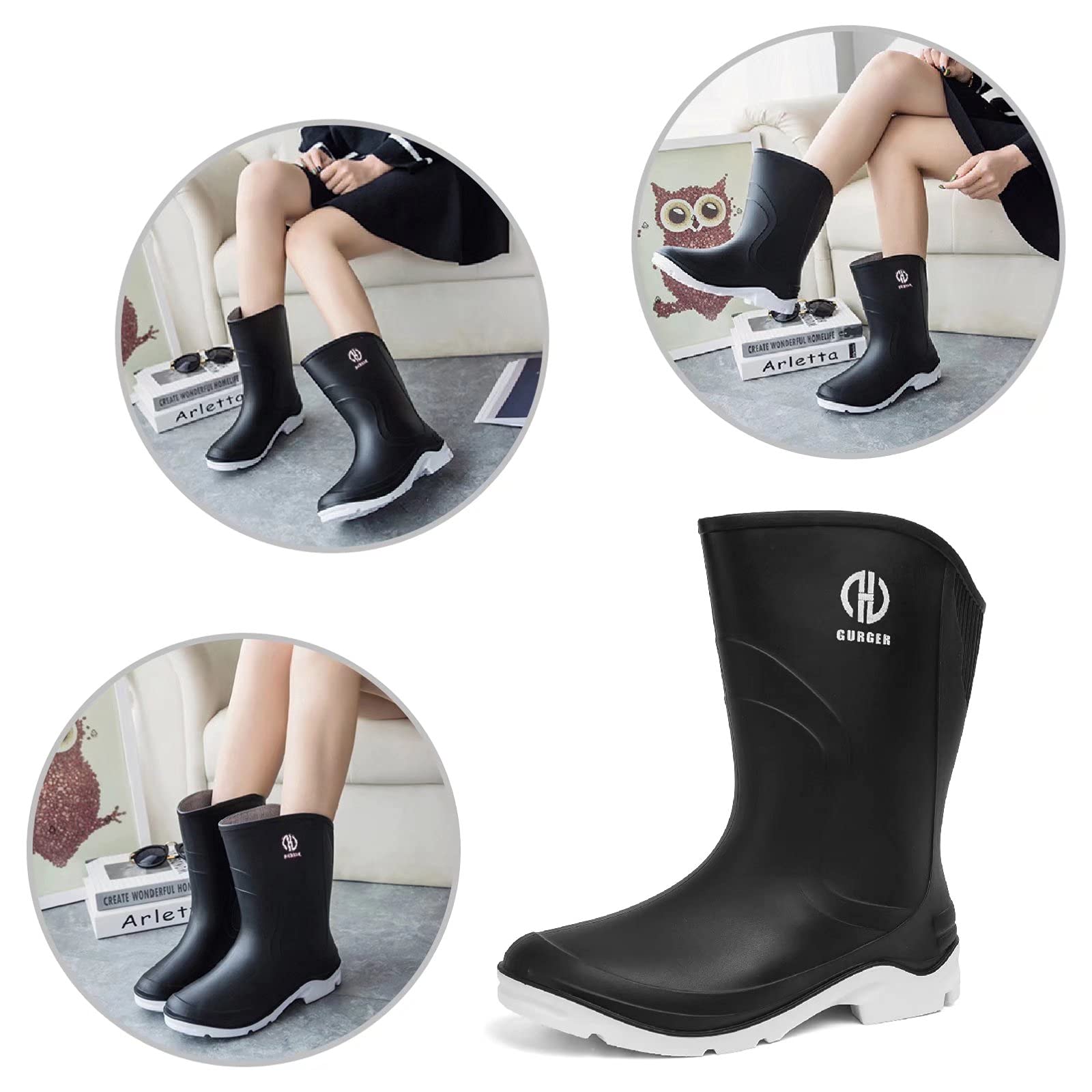 Botas de Agua Mujer Lluvia Impermeables Altas Botas de Goma Wellington Boots jardín Antideslizante