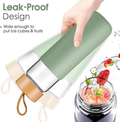 Miniatura 4 de Yomious Botella de agua de vidrio de 25 onzas con tapa de bambú, botellas de agua de vidrio de borosilicato con funda, boca ancha y botella de agua