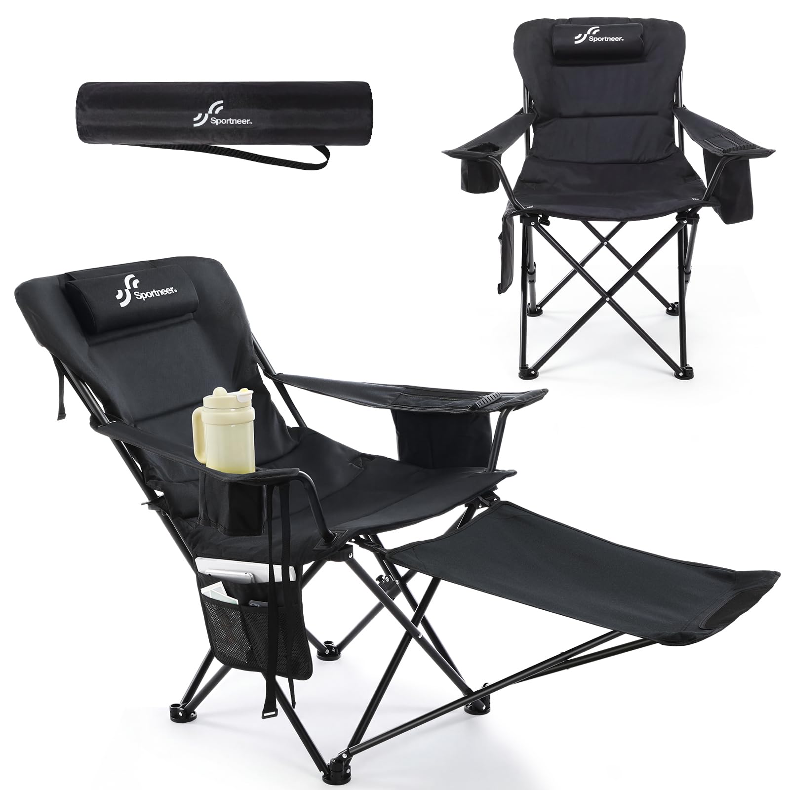 Sportneer Campingstuhl Faltbar Klappstuhl: Angelstuhl bis 160kg 3 Verstellbar Winkel Camping Stuhl mit Rückenlehne Kopfstütze Tragetasche, Strandstuhl für Garten Balkon Outdoor