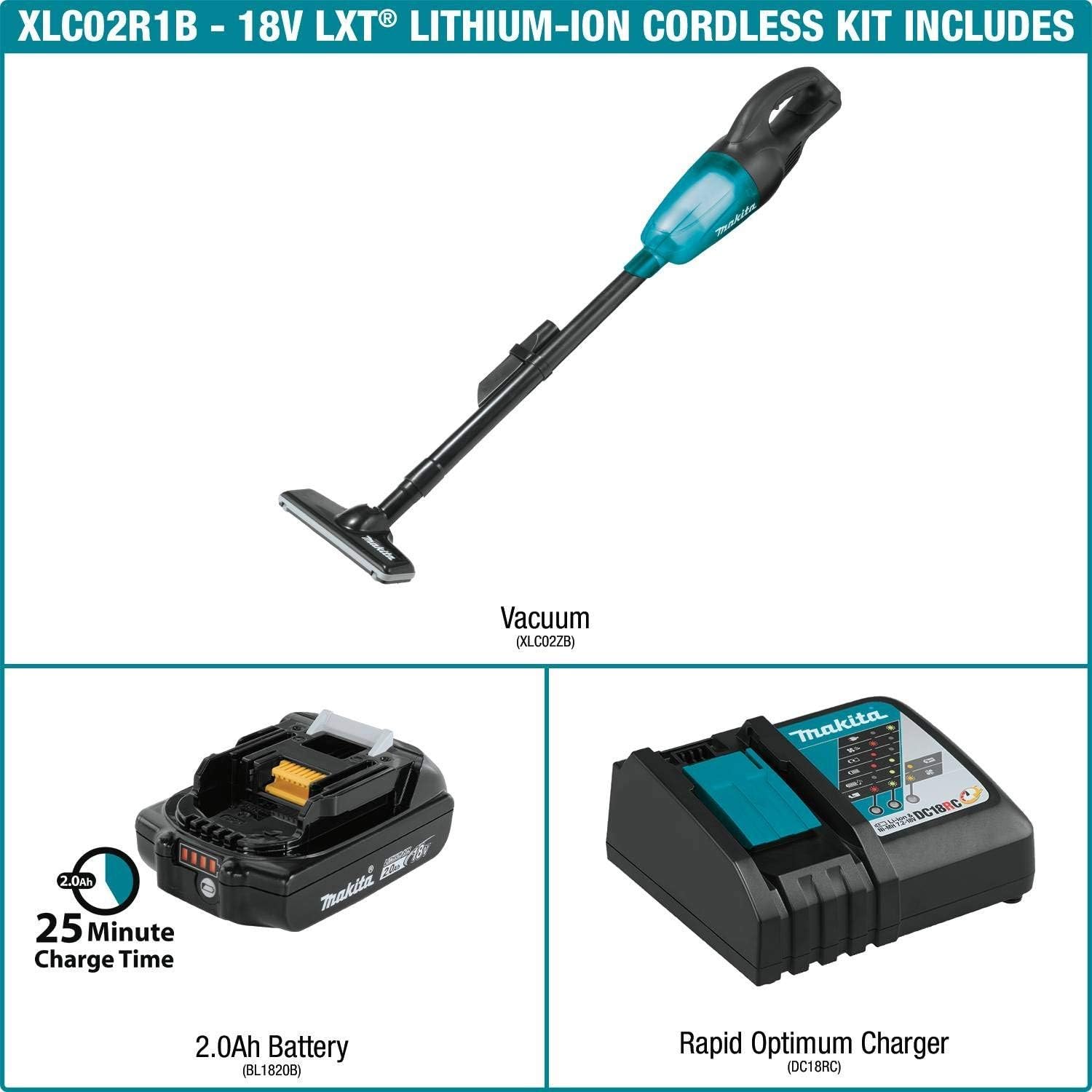 Makita XLC02R1B 18V LXT Lithium-Ion Compact Cordless Vacuum Kit (2.0Ah) (Renewed)