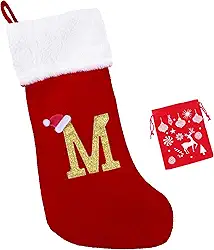 Meias de Natal com monograma de 50,8 cm com letras grandes, super macias, veludo vermelho com punho de pelúcia branco bordado, meia de Natal para decoração de família, letra M