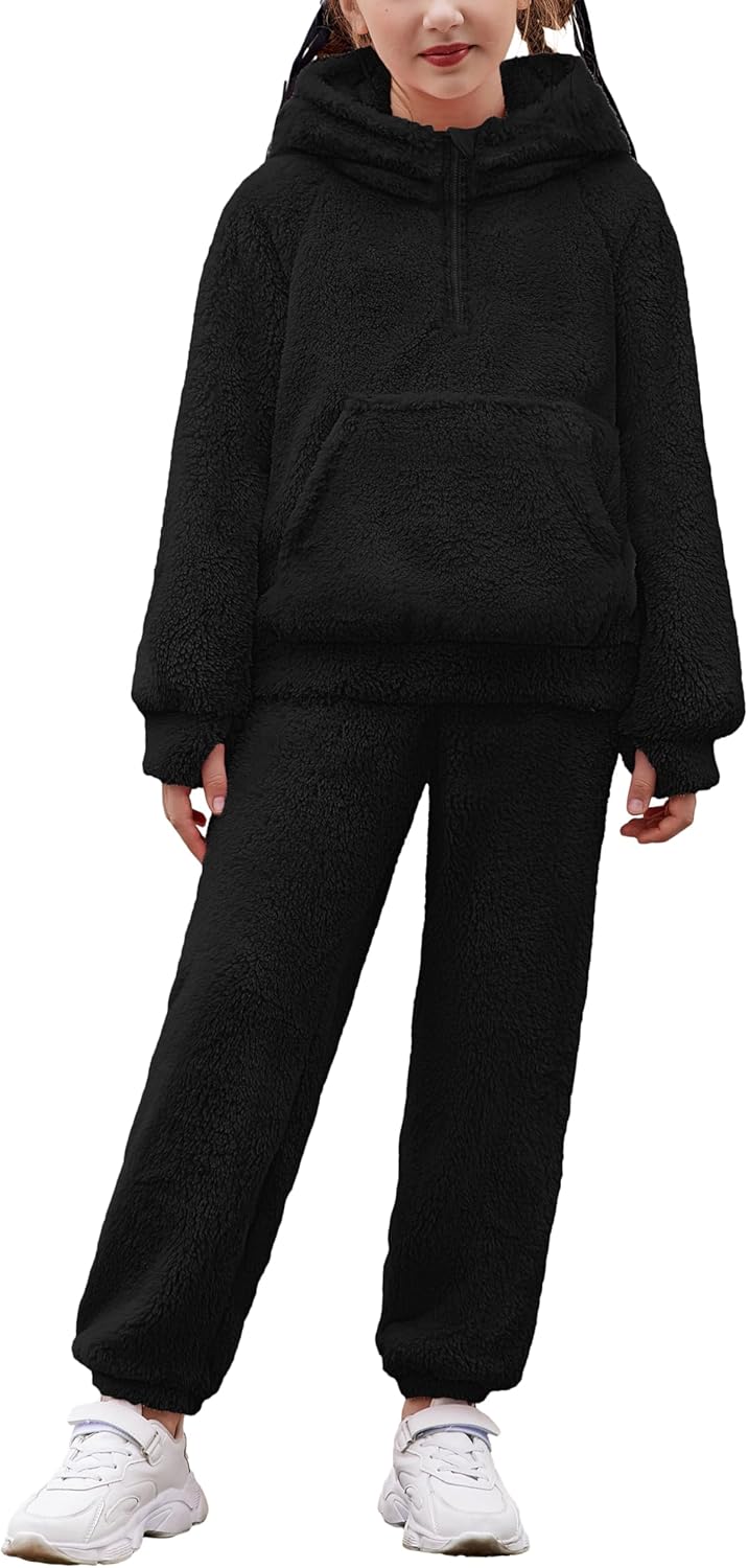 Arshiner Girls 2 Piece Outfits Drop Shoulder Hoodie Half Zip Fluffy Sweatshirt and Fleece Pants Sweatsuit