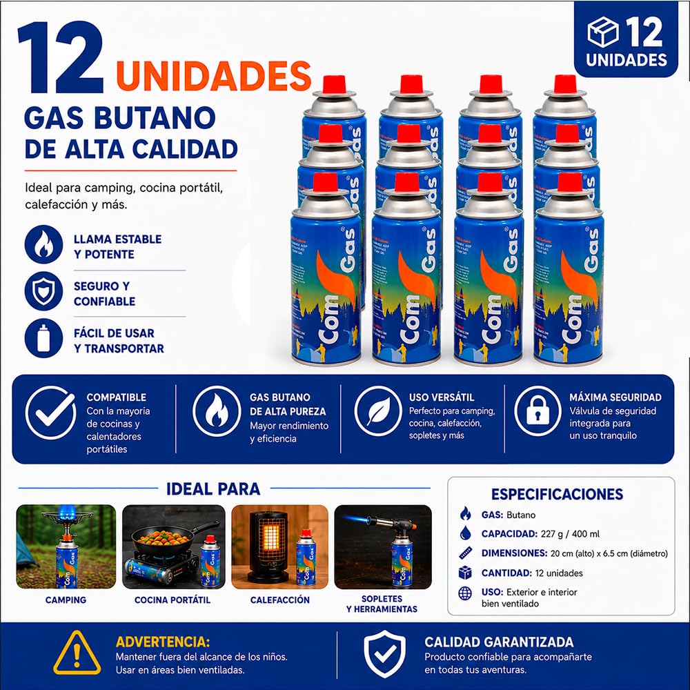 Lot de 12 cartouches de gaz pour camping, mélange d'isobutane