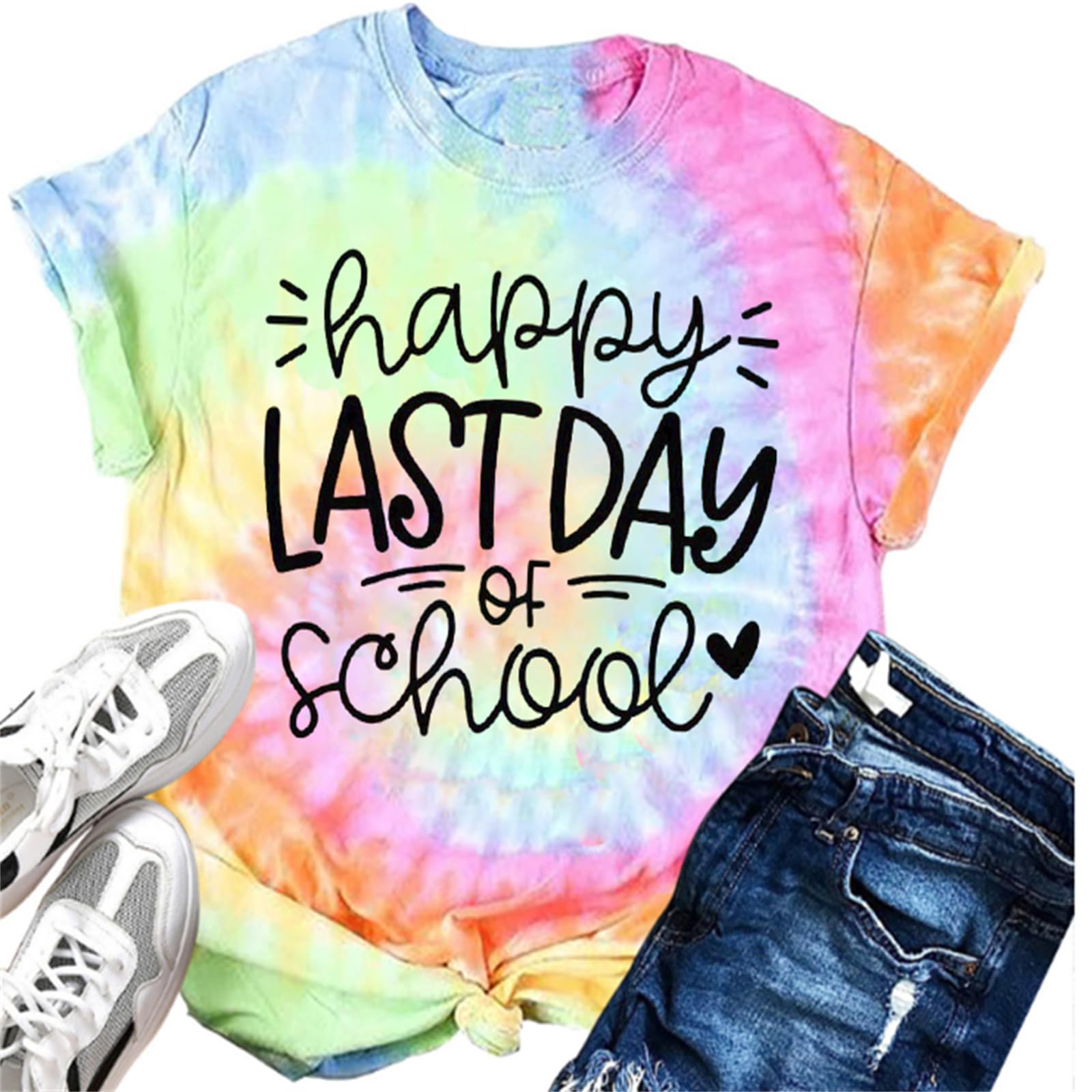 “Happy Last Day of School” Teacher Shirt — Women’s Teacher Life T-Shirt — Casual Teacher’s Day Tee Top Teaching Appreciation Gift (Large)