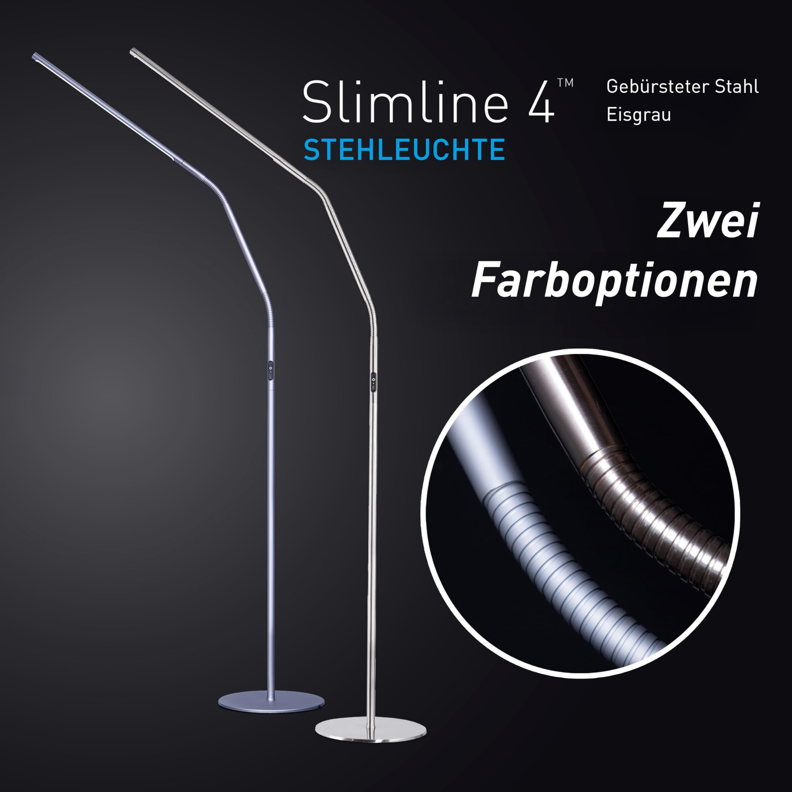 Daylight Slimline 4™ LED Stehlampe – 6000K, 3200 Lux, 4 Helligkeitsstufen, USB-C-Anschluss, Blendschutzschirm, Flexible Höhenverstellung, Stehleuchte für Zuhause & Wohnzimmer, Gebürsteter Stahl
