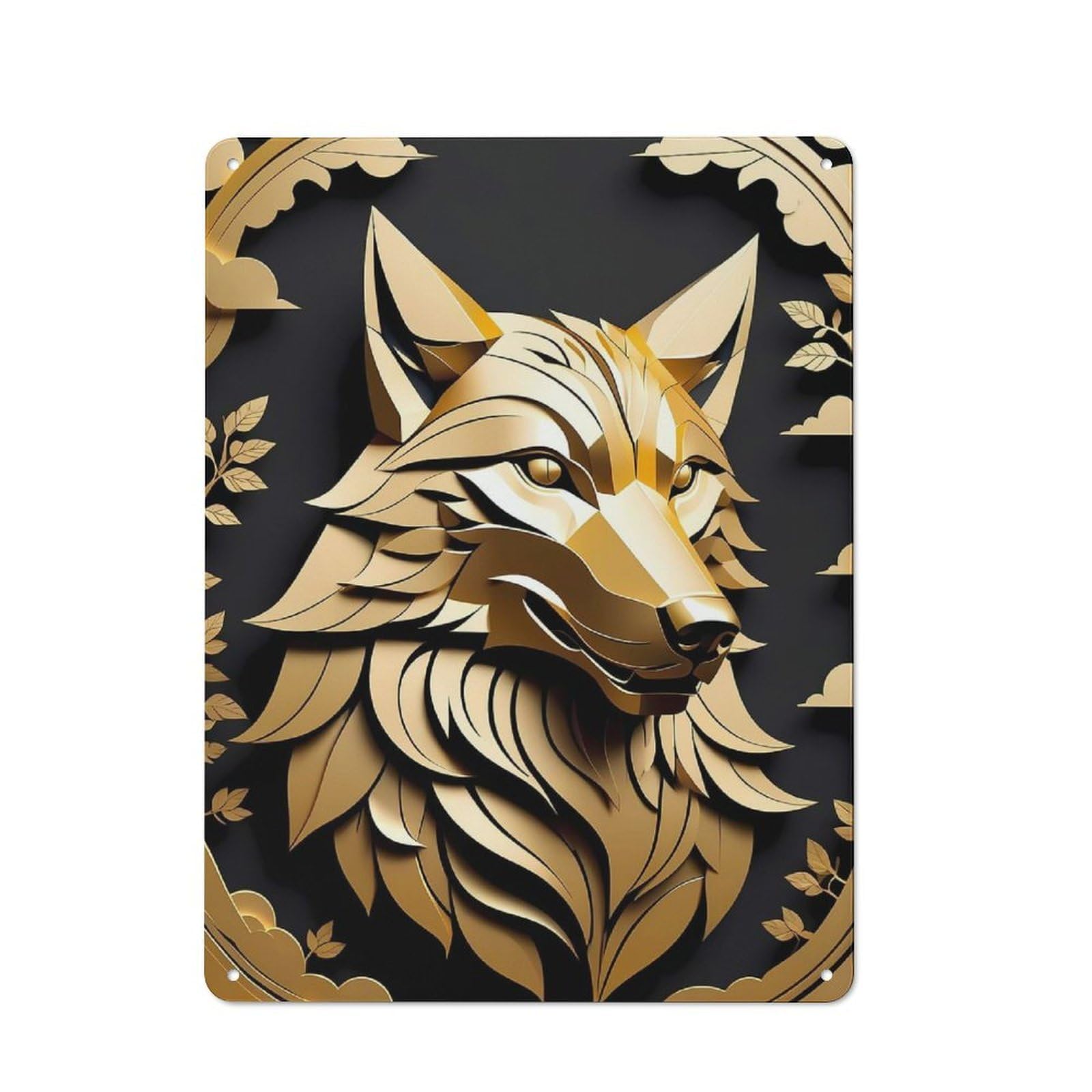 Junmoney Style-5 Paper Gold Wolf Industrial Metal Sign 40X30cm, Modern Retro Loft Wall Plaque For Modern Home, Workshop, Office Or Cafe