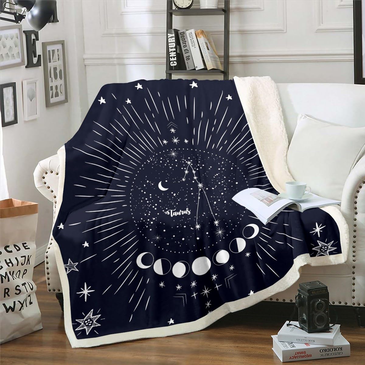 Homewish Taurus Constellation Fleece Blanket Dark Blue and White Starry Galaxy Moon Fuzzy Blanket 50"x60",Boho Hippie Zodiac Throw Blanket All Seasons Sherpa Blanket for Sofa Bed Couch Gifts