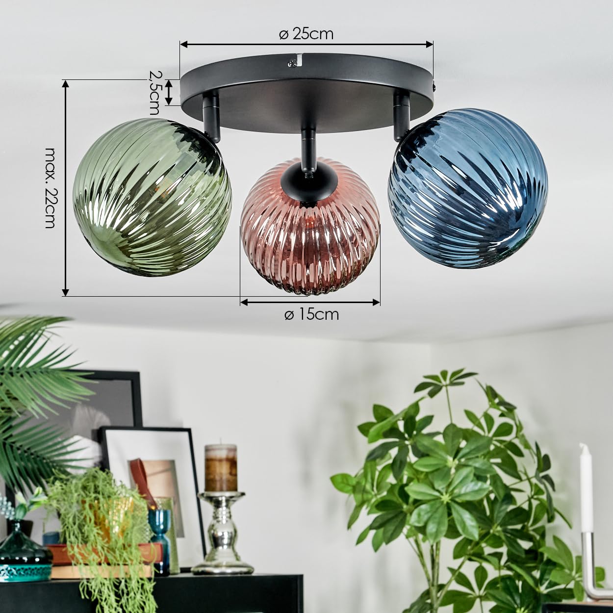 HOFSTEIN Deckenleuchte Chehalis, 3-flammige Deckenlampe aus Metall/Riffelglas in Schwarz/Blau/Grün/Kupfer, verstellbare Leuchte Retro-Design (Schirme Ø 15 cm), G9, Esszimmer, Wohnzimmer, Schlafzimmer