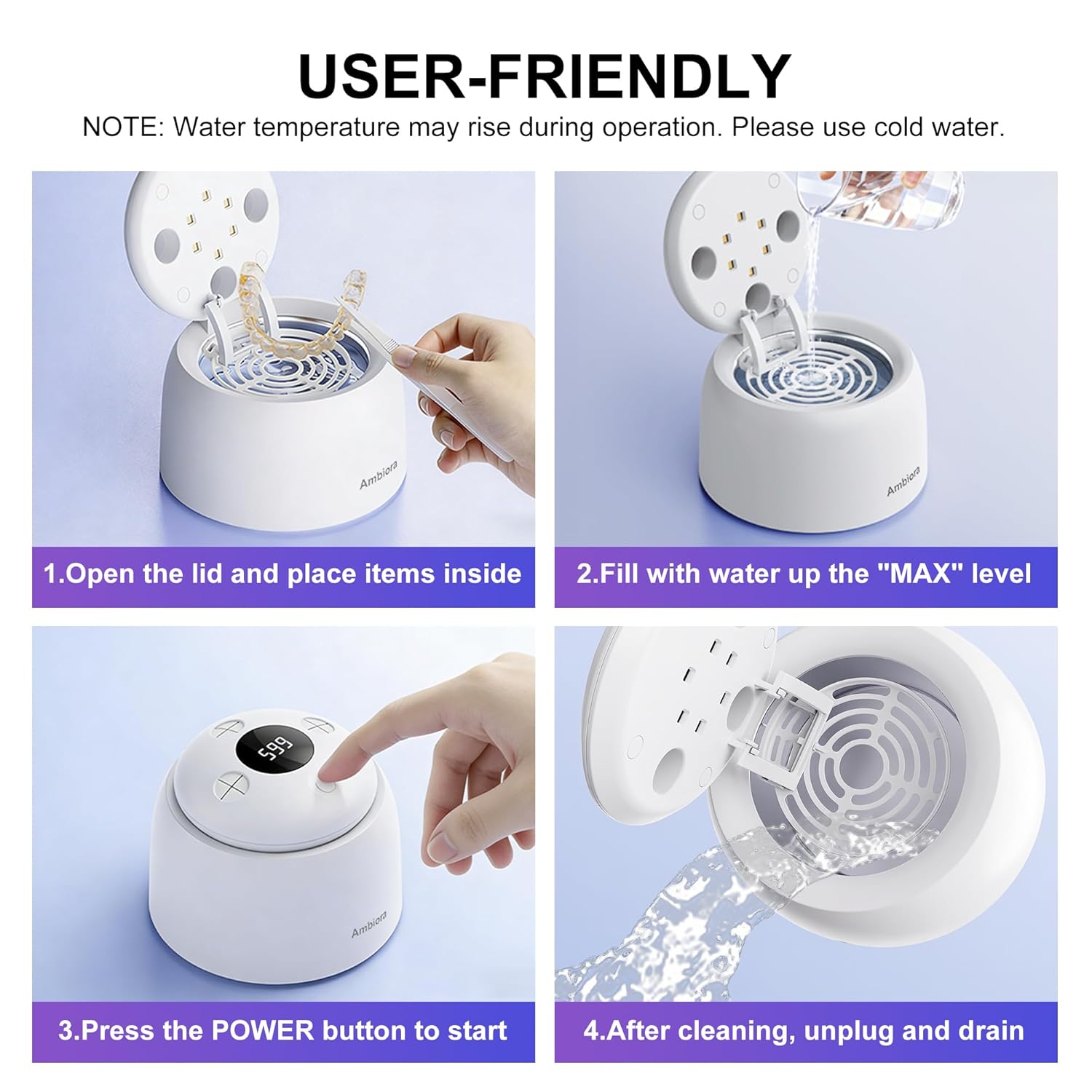 45kHz Ultrasonic Retainer Cleaner Machine, 200ML Denture Cleaner with 4 Cleaning Modes, Digital Timer, Mouth Guard Cleaner for Aligner, Toothbrush, Jewelry and Etc - Image 6