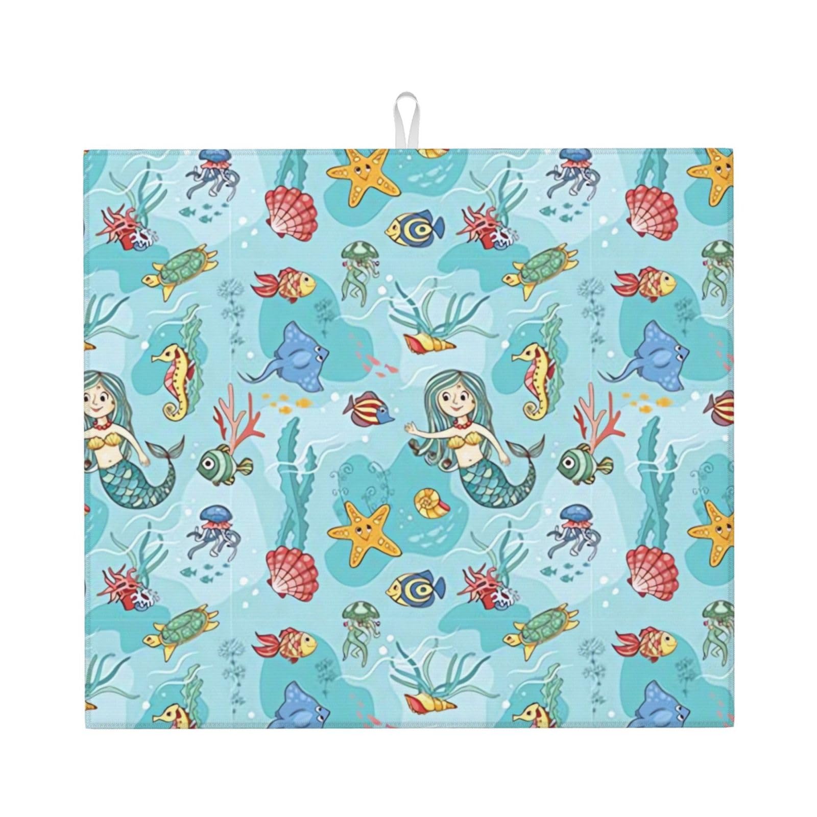YYHWHJDE Mermaid Tropical Jellyfish Goldfish Cheering Seahorse Prints Kitchen Drying Mat – Absorbent Microfiber Throw for Dishes, Non-Slip Counter Cover, Quick-Dry Layer with Durable Construction