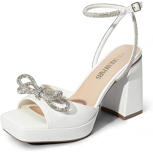 DREAM PAIRS Women's Double Bowknots Platform Chunky Heels Rhinestone High Square Toe Dress Sandals for Wedding Bridal Party