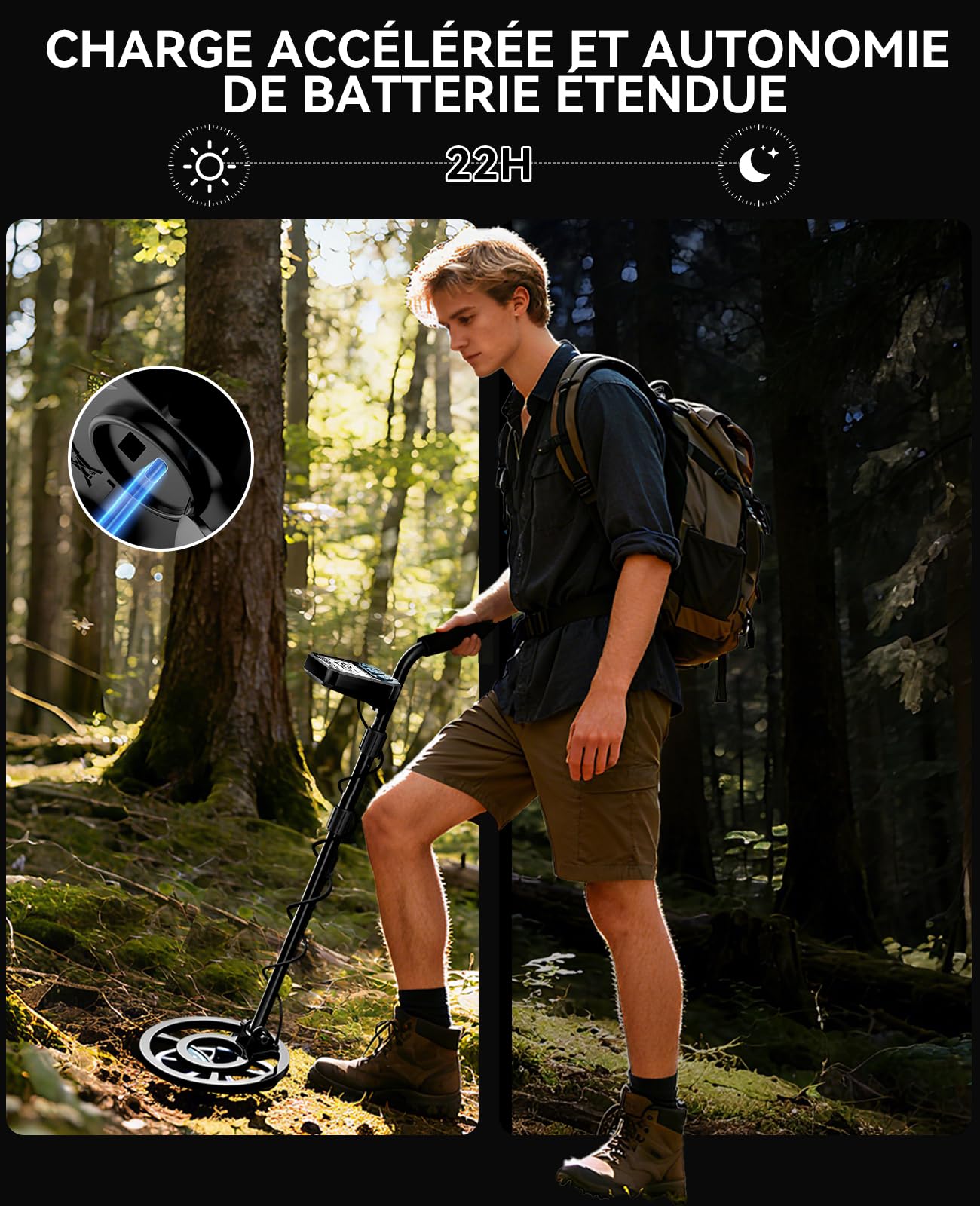 SUNPOW Détecteur de Métaux Rechargeable, 20 h Batterie Longue Durée – 4 Modes de Détection d’Or – Bobine de Recherche Étanche IP68 de 8 Pouces avec Rétroéclairage LCD, Adapté aux Adultes et Enfants