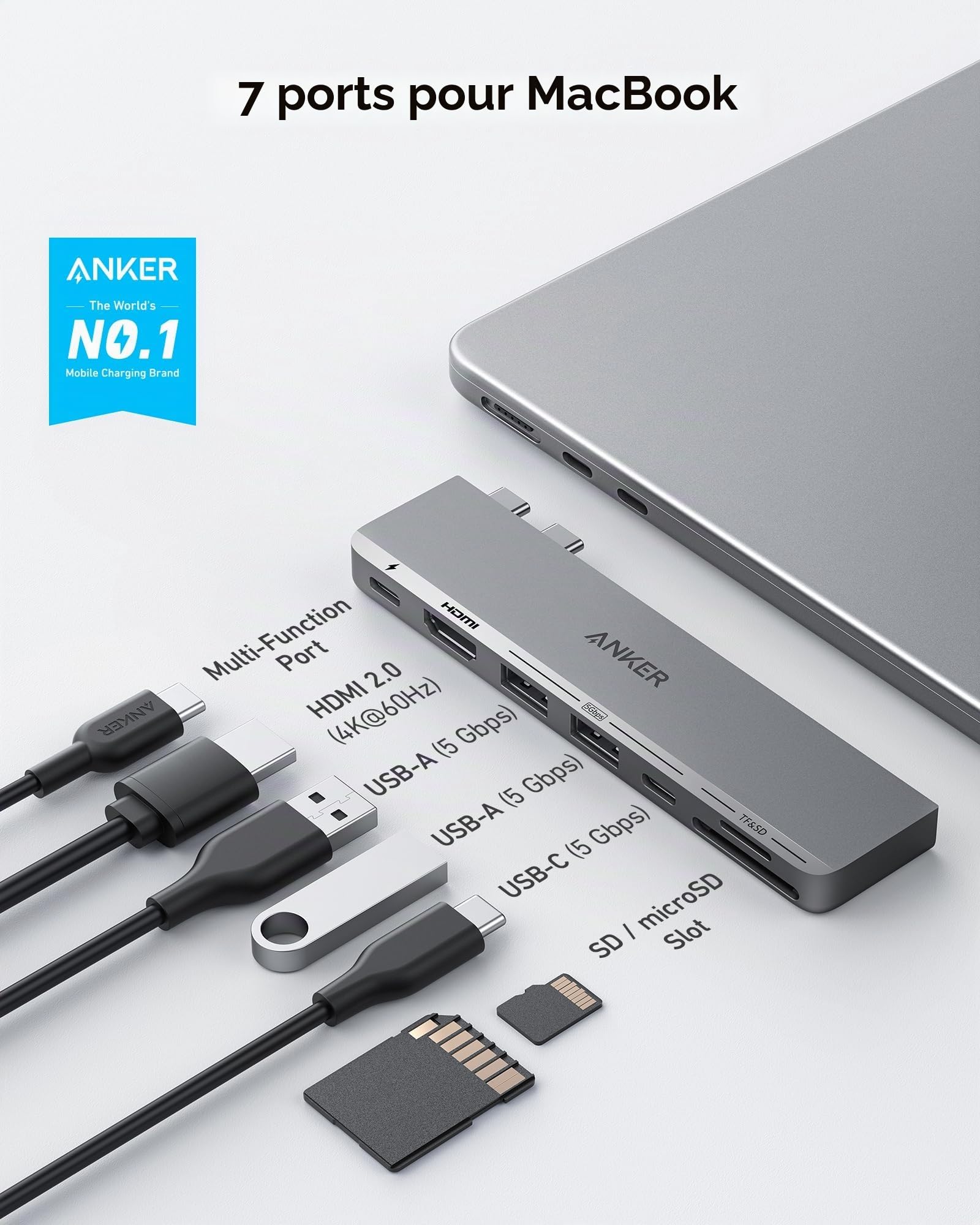 Anker Hub USB C 7 en 2 pour MacBook Pro 13", MacBook Air M1/M2 - HDMI 4K, Compatible Thunderbolt 4, 1 Type C et 2 Ports USB A