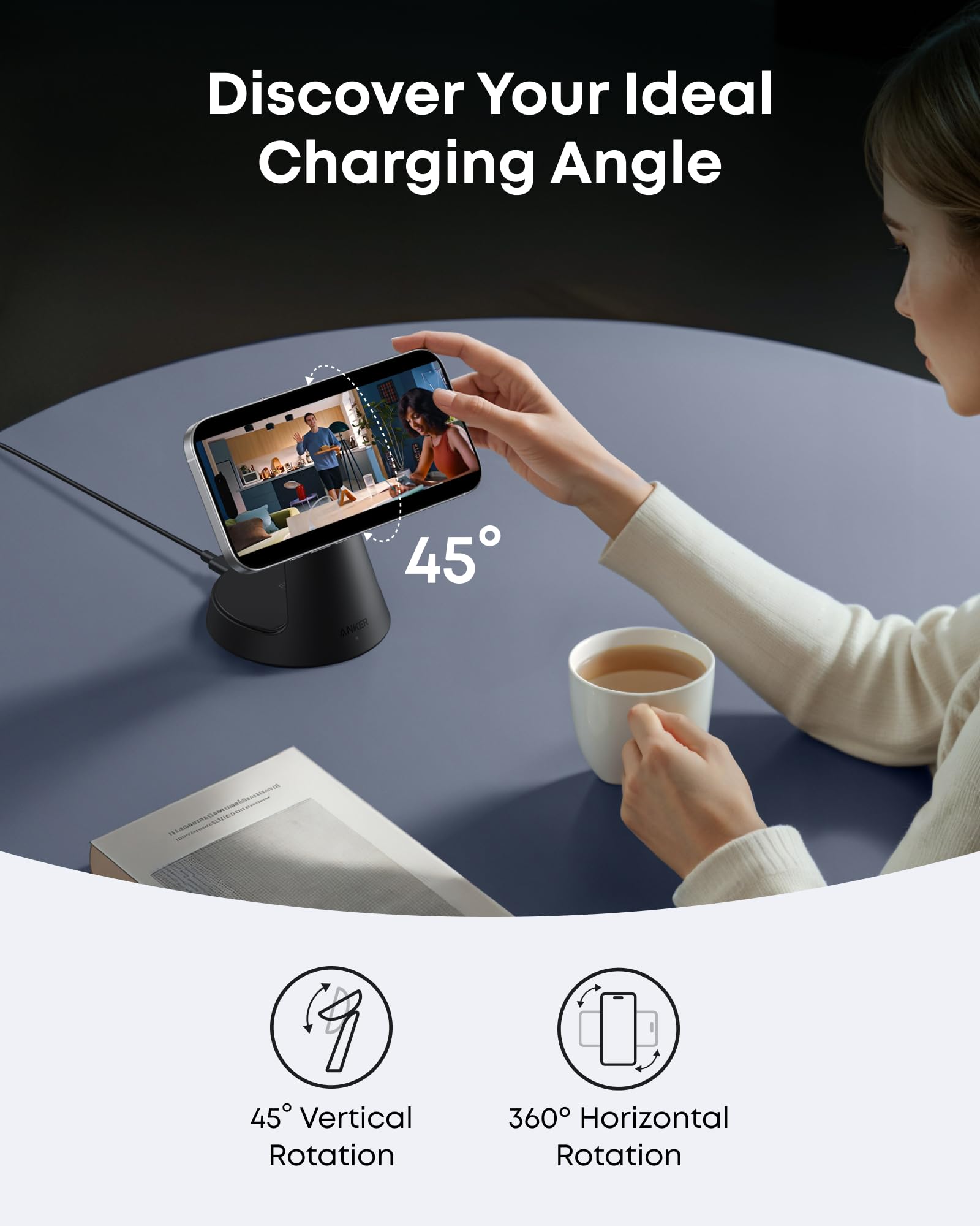 Anker MagGo Cargador Inalámbrico iPhone 3 en 1 con MagSafe 15W(Soporte de Carga), Cargador Magnético con Certificación Qi2, para iPhone 17/16/15 Air, Apple Watch, AirPods Pro y más(Adaptador Incluido)