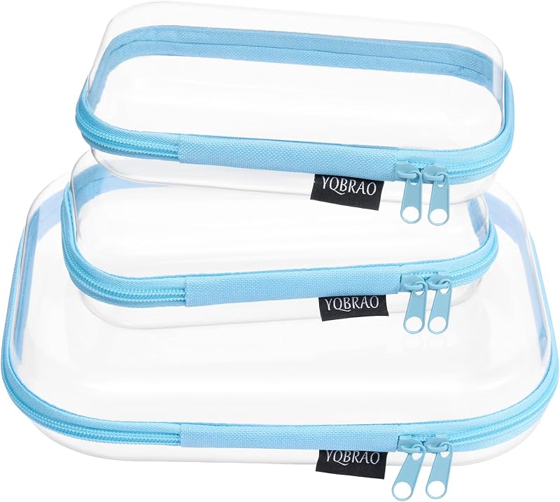 YQBRAO Conjunto com 3 estojos transparentes de casca rígida com zíper, azul