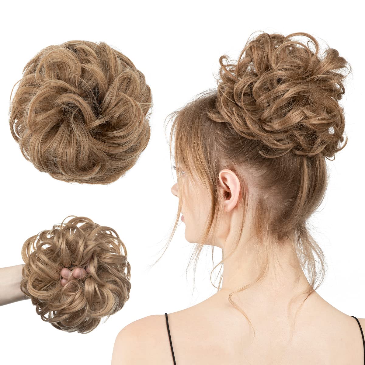 Photo 1 of CJL HAIR Large Messy Bun Hair Piece Wavy Curly Scrunchies Synthetic Chignon Ponytail Hair Extensions Thick Updo Hairpieces for Women Pecan Blonde