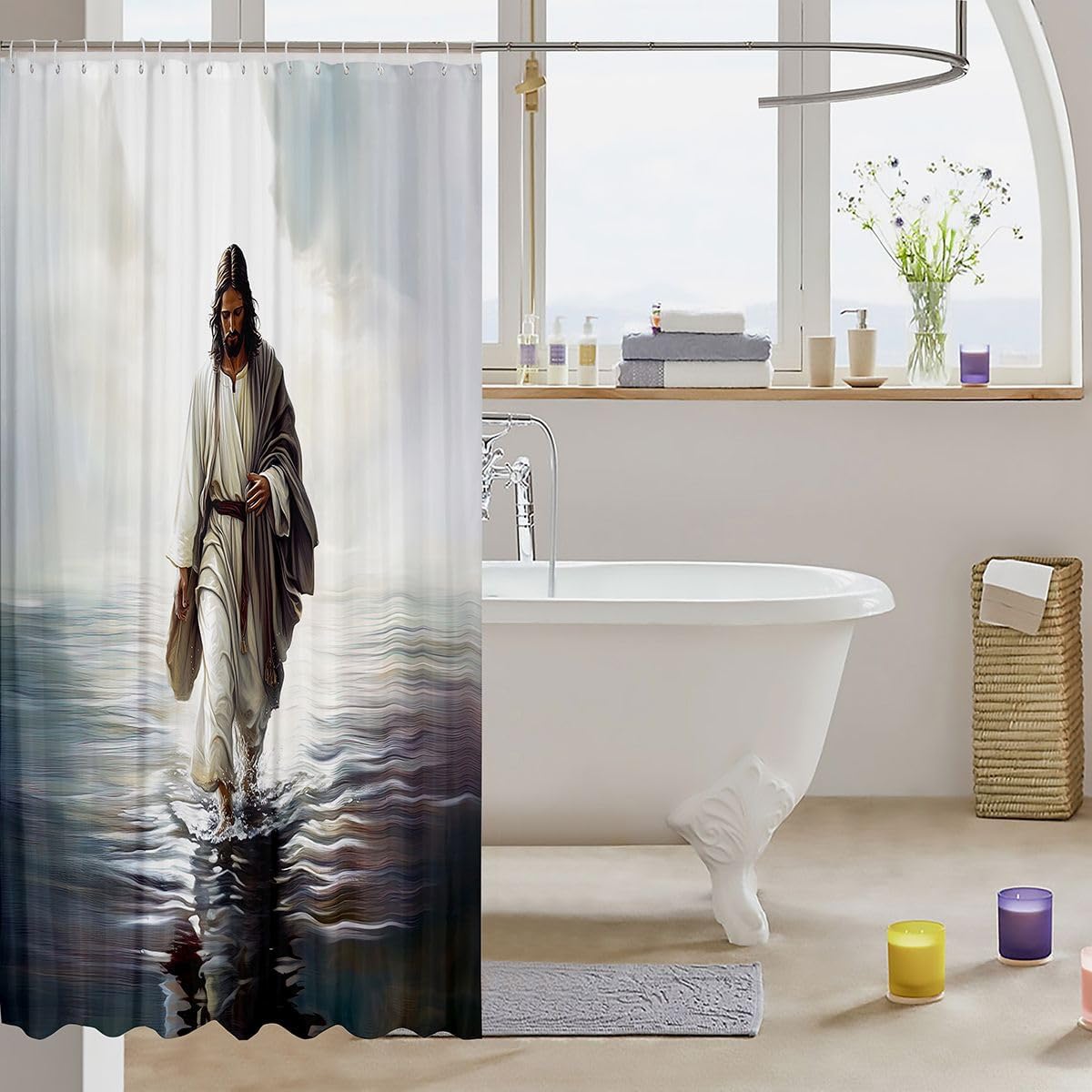 Manfei God Walking on Water Kids Shower Curtains,Western Faith Bible Verse Bathroom Curtain,Modern Artwork Spiritual Home Decor,Dark Gray Waterproof Curtains,12 Hooks Suits,72" W x 84" L