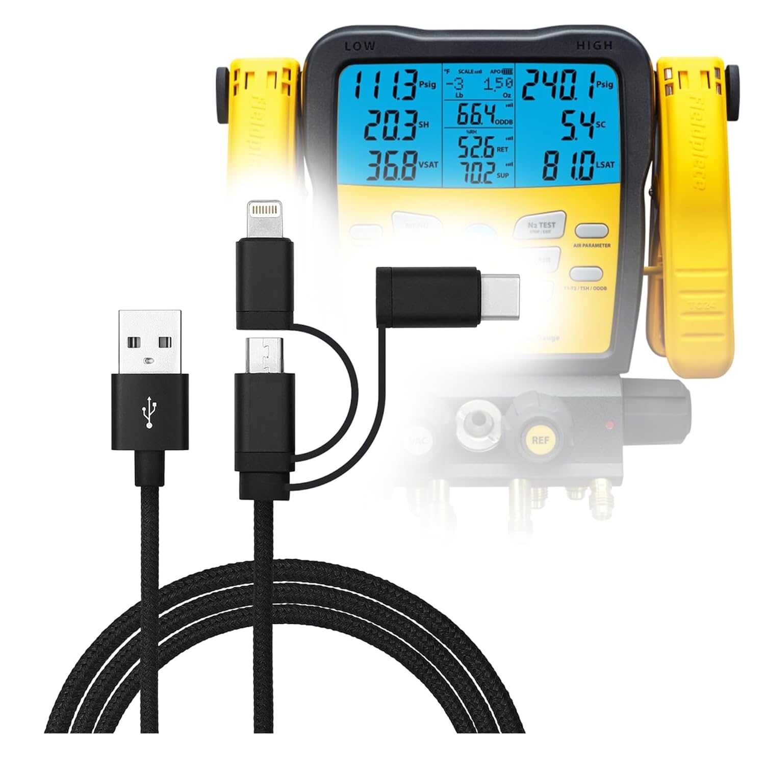 BoxWave Cable Compatible with Fieldpiece SM482V Digital HVAC Gauge - AllCharge 3-in-1 Cable - Jet Black