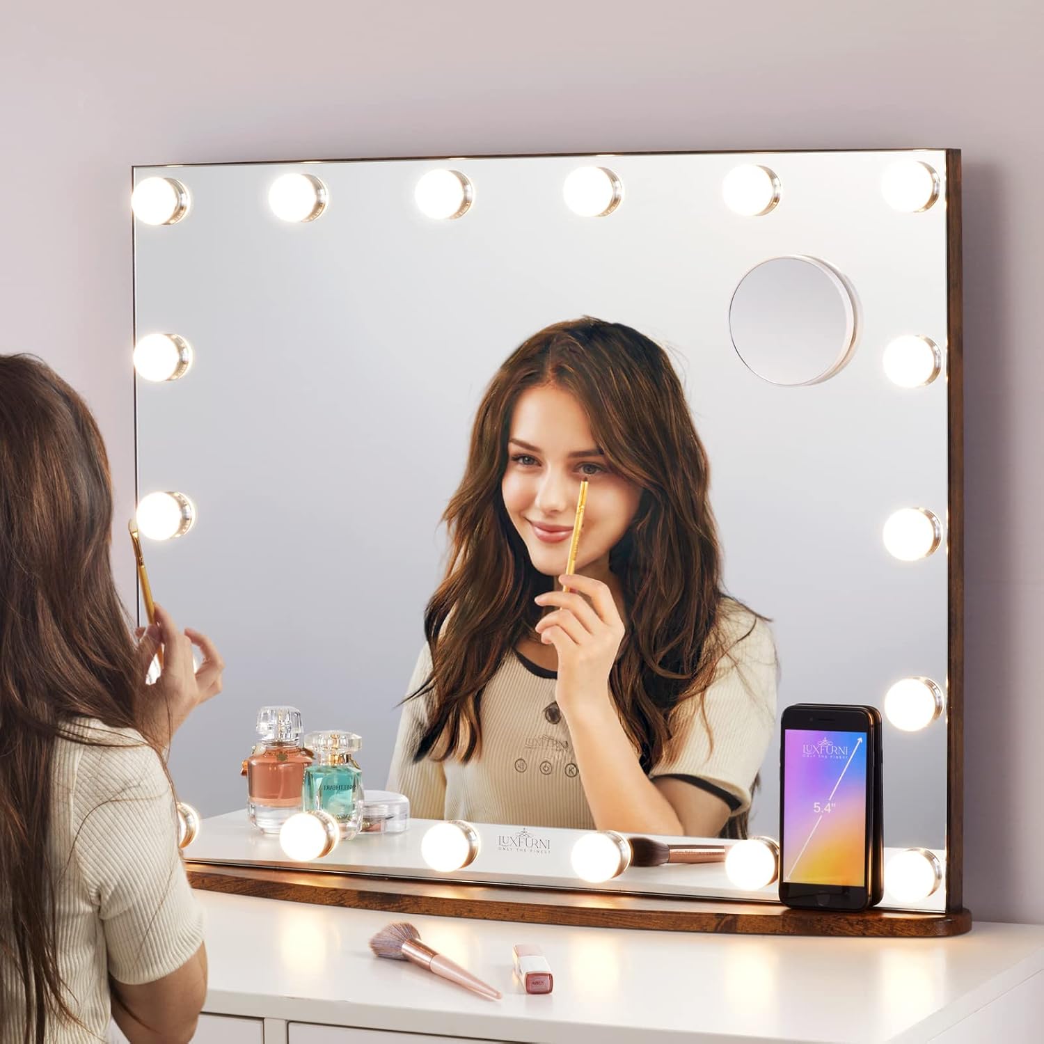 LUXFURNI Vanity Mirror with Makeup Lights, Large Hollywood Light up Mirrors w/ 18 LED Bulbs for Bedroom Tabletop & Wall Mounted (26Wx21L, Rustic Brown)