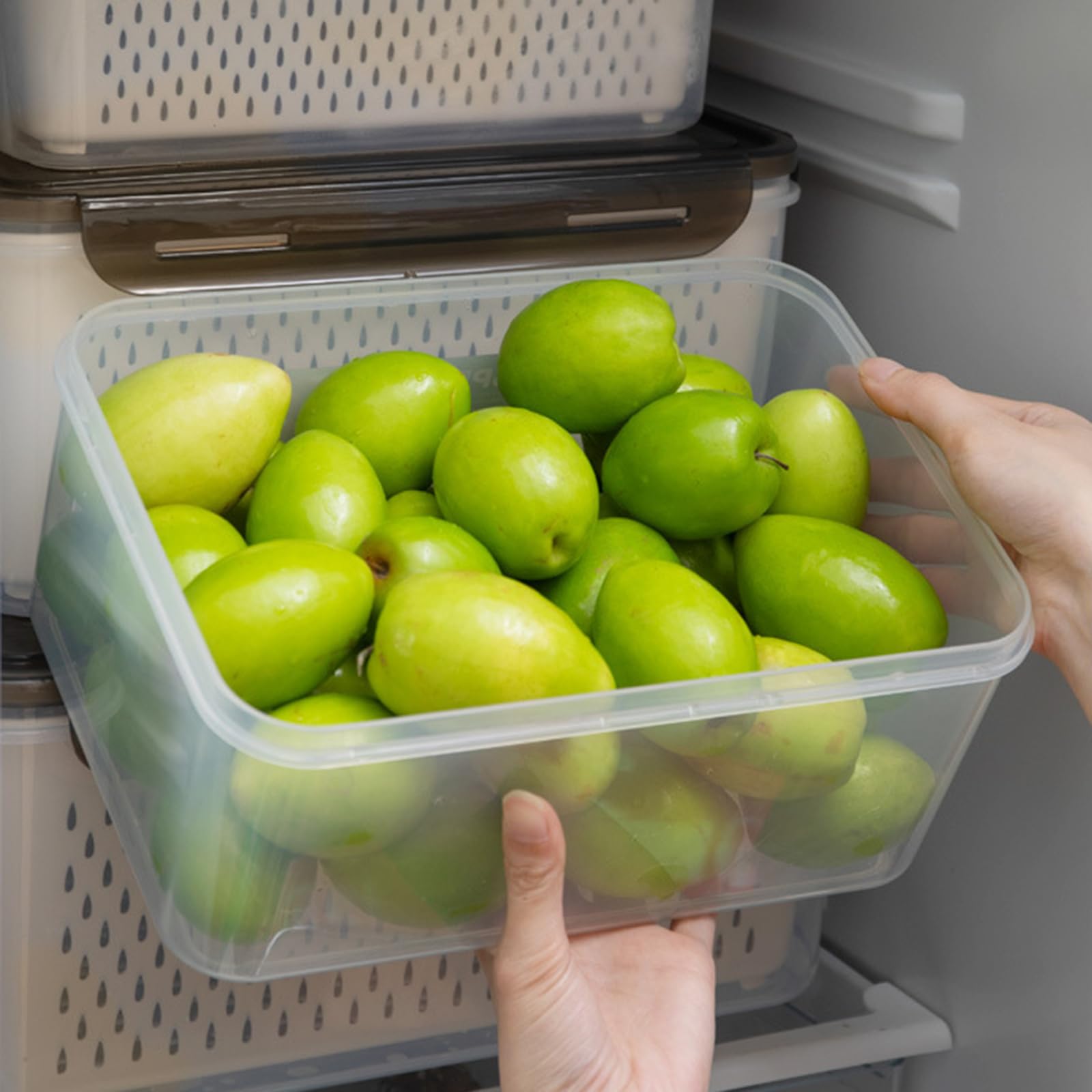 HLTYGWX Kühlschrank-Aufbewahrungsbox mit Sieben, stapelbar, Organizer für Lebensmittel, Lebensmittelkonservierungsbehälter für Kühlschrank, Küchenwerkzeug (dreiteiliges Set A)