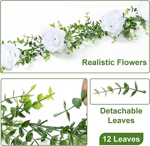 Miniatura 5 de Dolicer Paquete de 2 guirnaldas de eucalipto con flores, guirnalda verde de 12 pies con flores, enredaderas colgantes falsas, hojas de eucalipto con