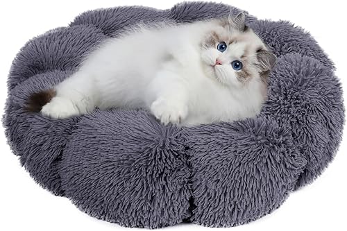 Cama para gatos, cama lavable de 19.7 pulgadas con forma de dona gris para gatos de interior y perros pequeños, cama redonda suave y bonita con