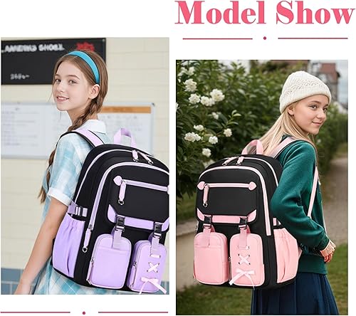 Miniatura 6 de Juego de 3 mochilas estéticas para niñas con caja de almuerzo y estuche para lápices, bolsa de libros para estudiantes de escuela primaria y